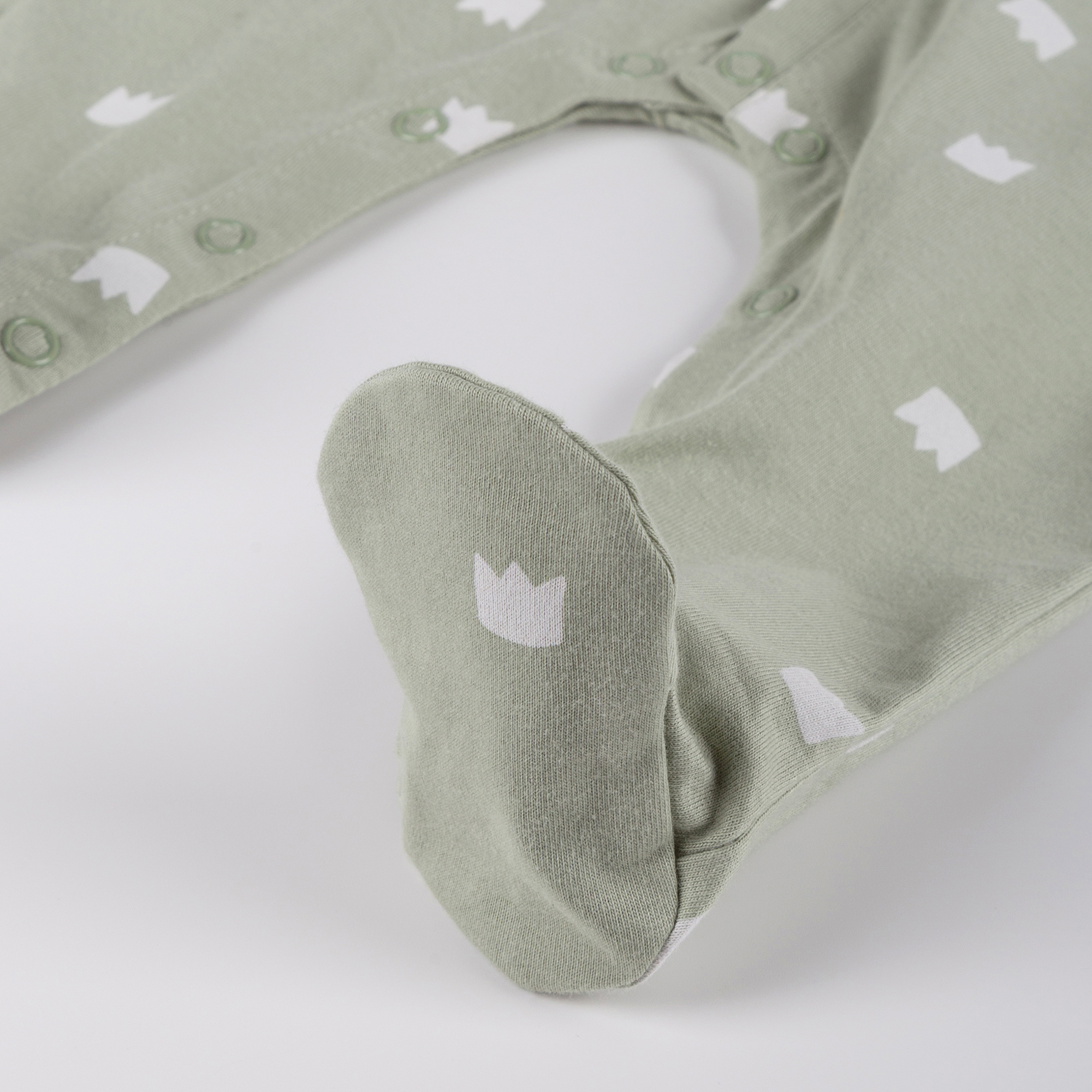 Newborn baby footed romper, foldover mittens, green