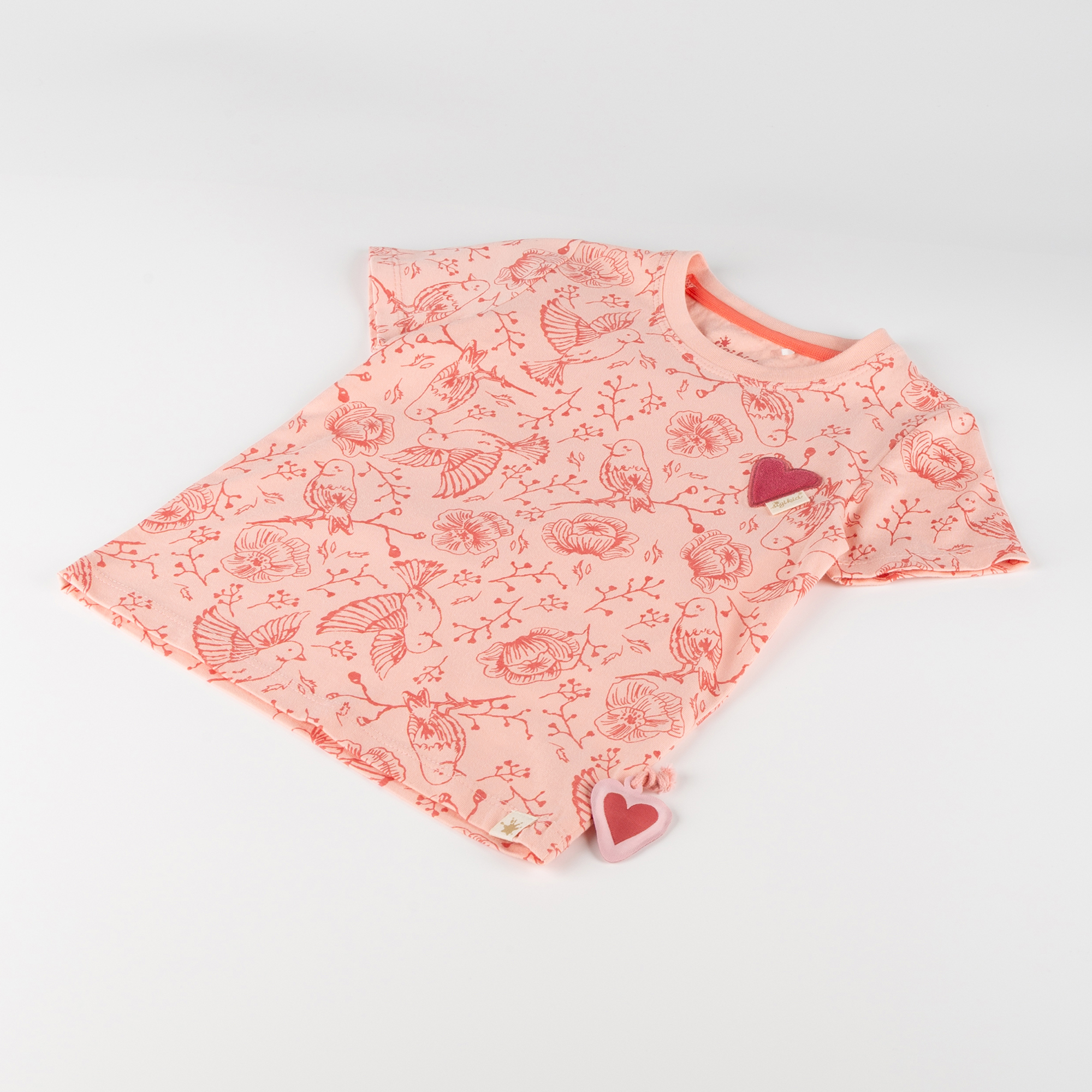 Kinder T-Shirt mit Vogelprint und Herzchen, rosa