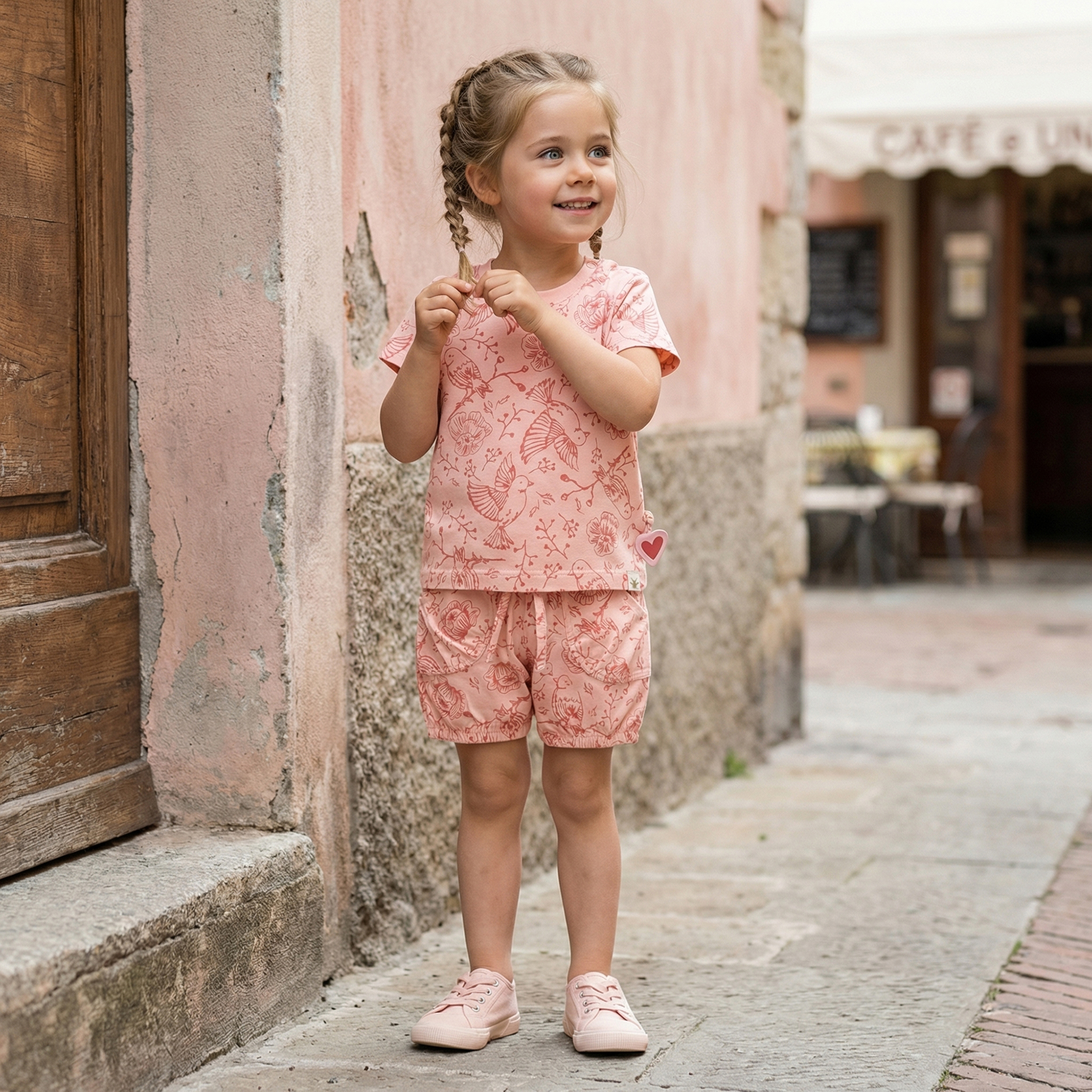 Baby T-Shirt Vögelchen Print mit Herzchen, rosa