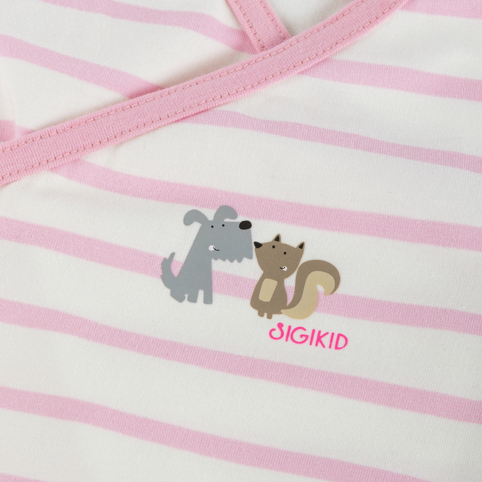 Kurzarm Baby Body Hund und Eichhörnchen, rosa geringelt Kurzarm Baby Body Hund und Eichhörnchen, rosa geringelt