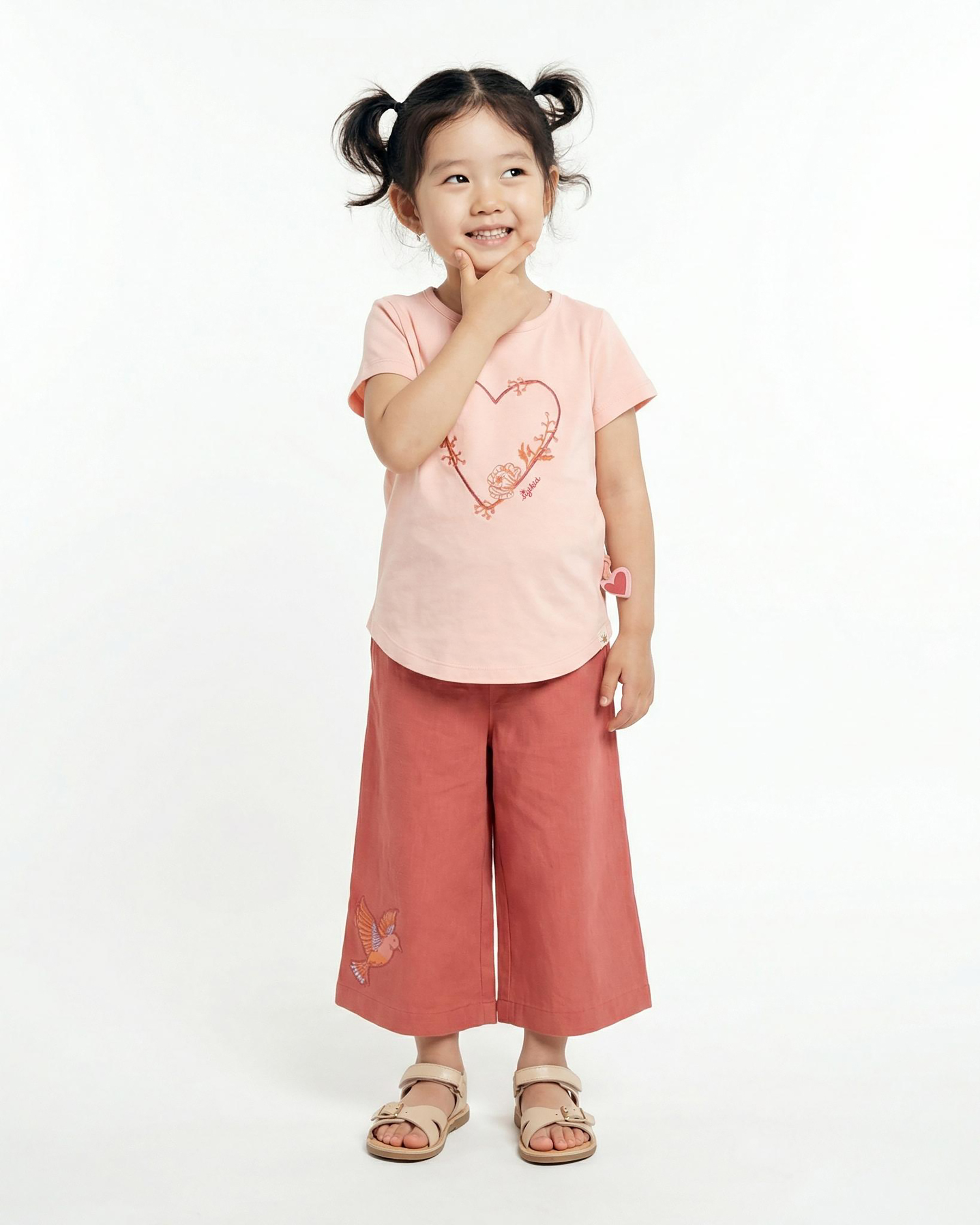 Kinder T-Shirt mit gesticktem Herz Motiv, rosa