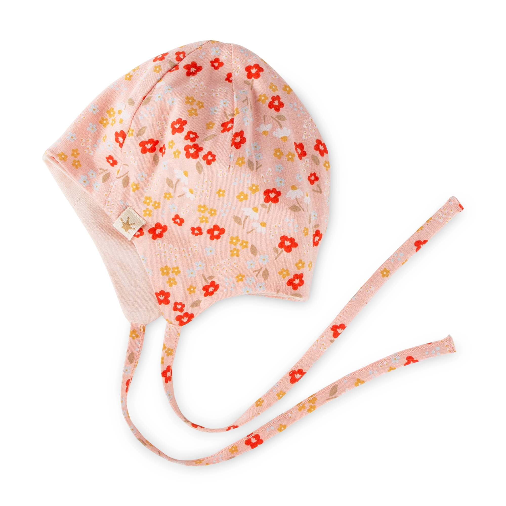 Flowery newborn baby hat with ties, lined