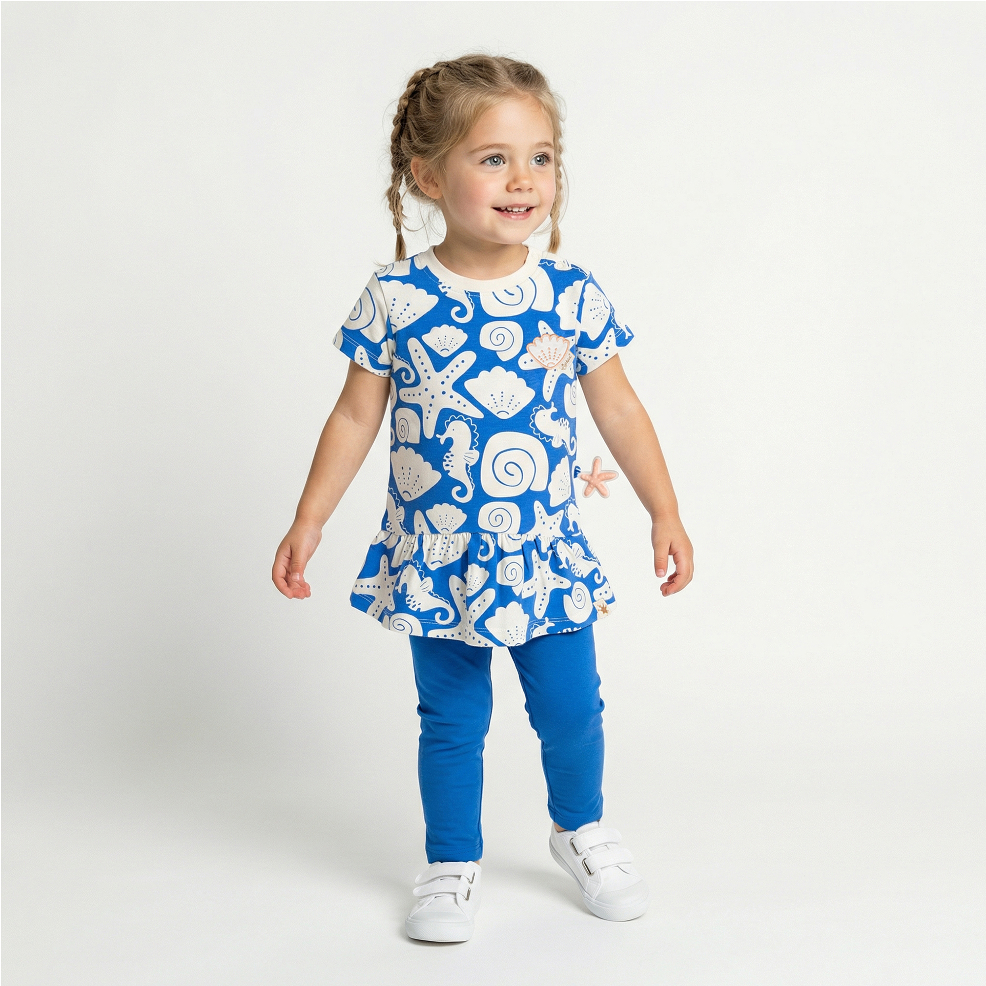 Baby Volant Kleid Strand Print, blau mit weiß