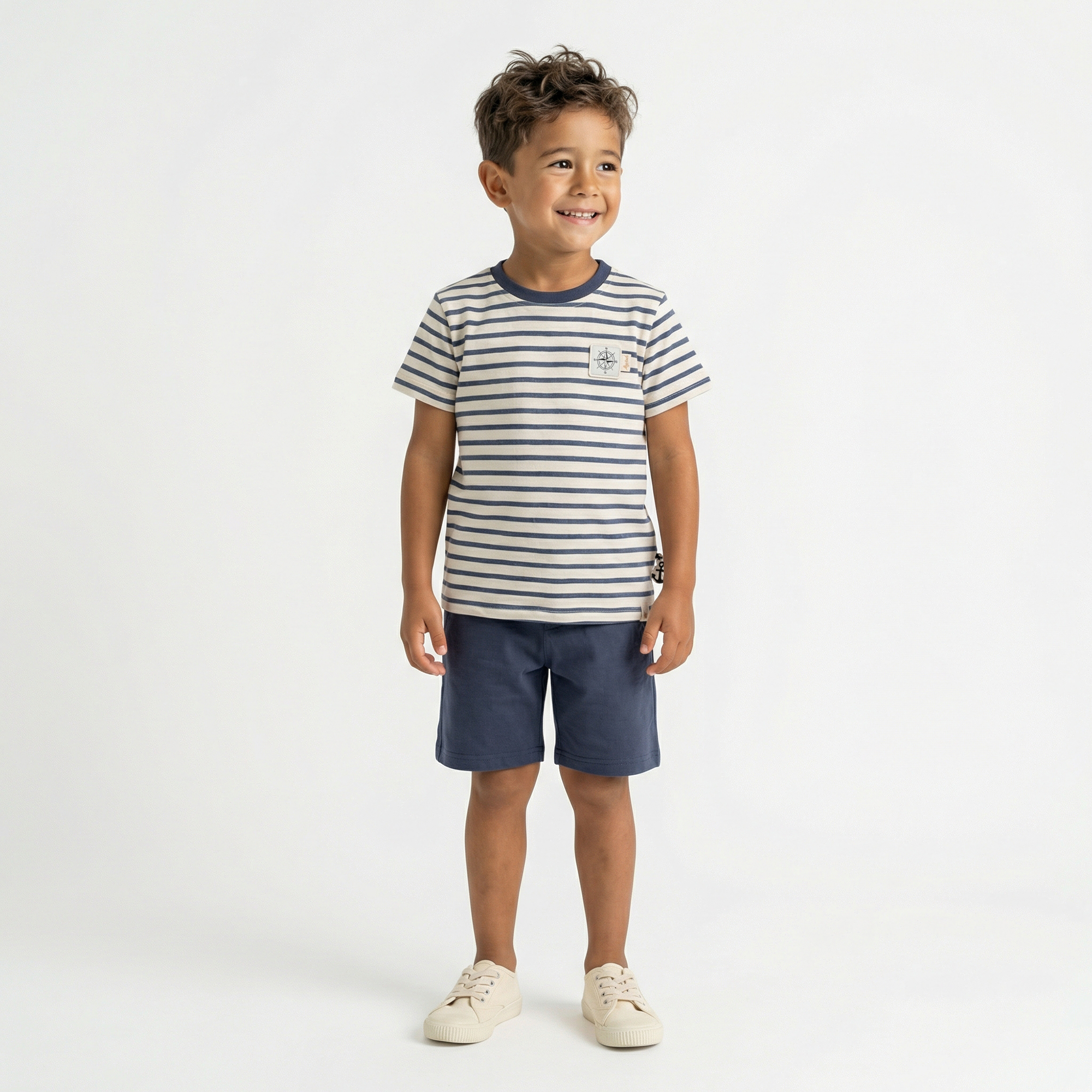 Kinder Ringel T-Shirt mit Kompass Patch, blau-weiß