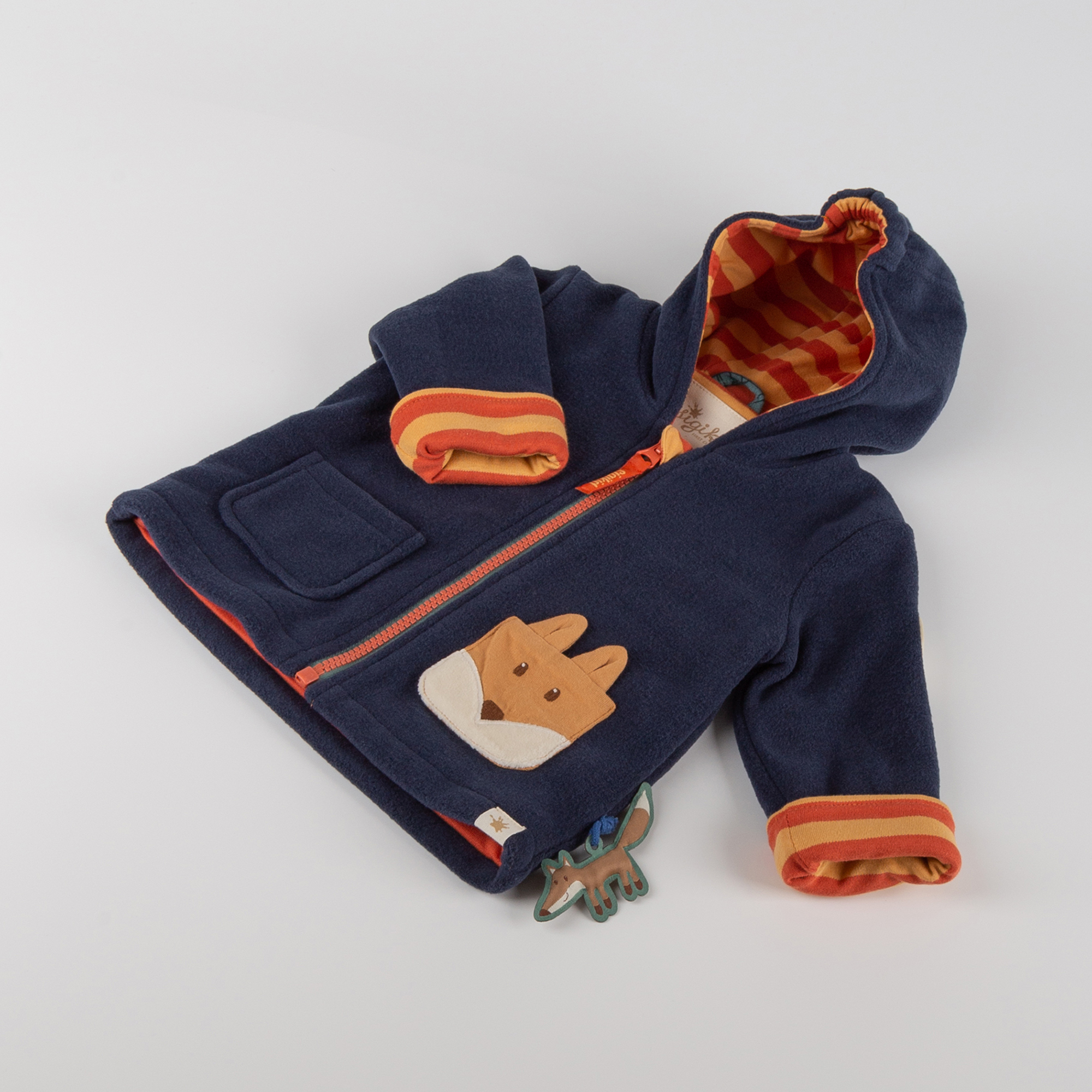 Hooded baby fleece jacket with fox pocket, lined