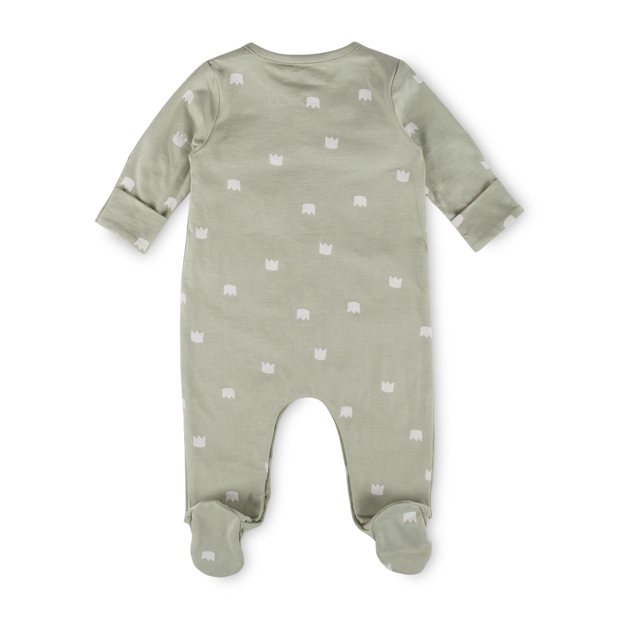 Newborn baby footed romper, foldover mittens, green