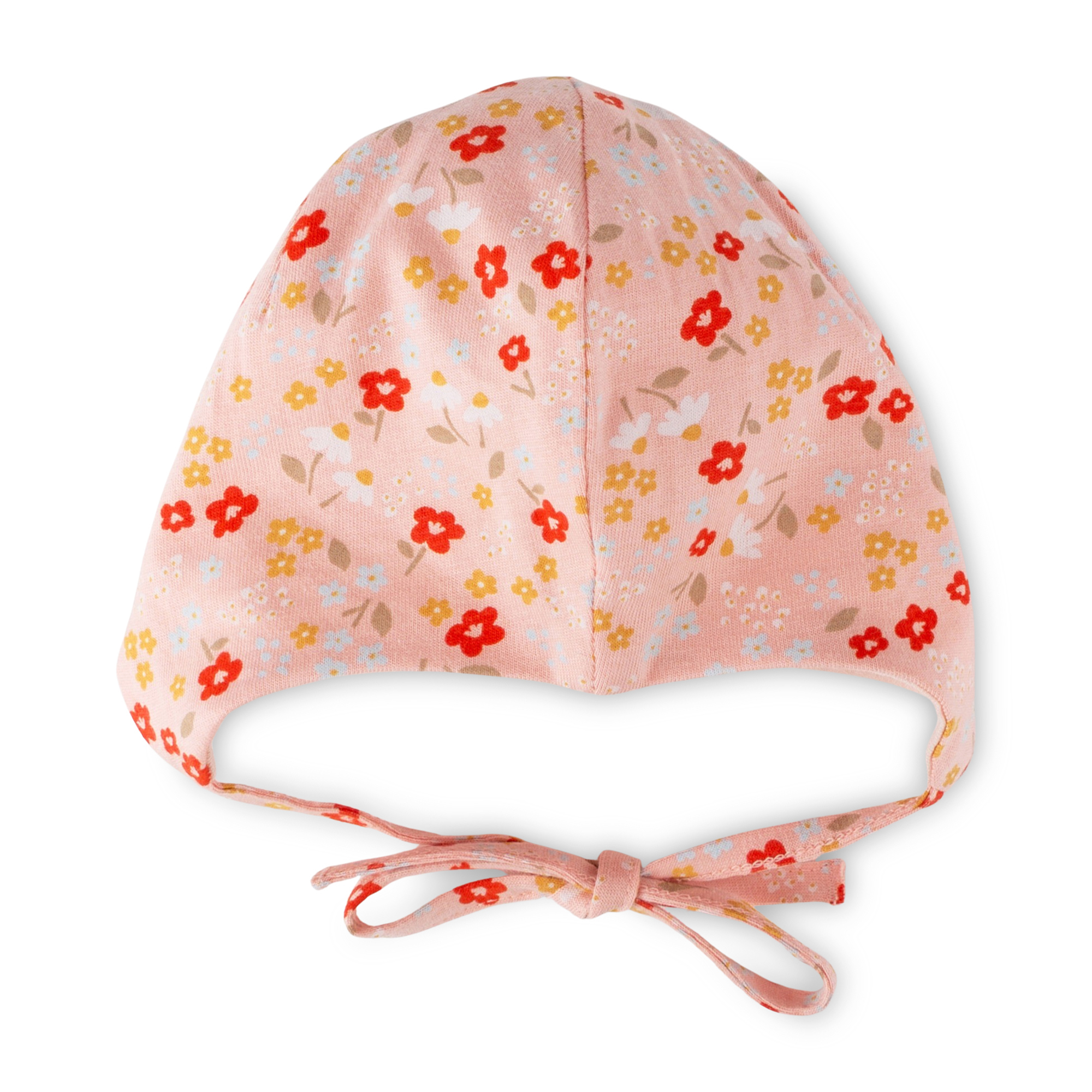 Flowery newborn baby hat with ties, lined