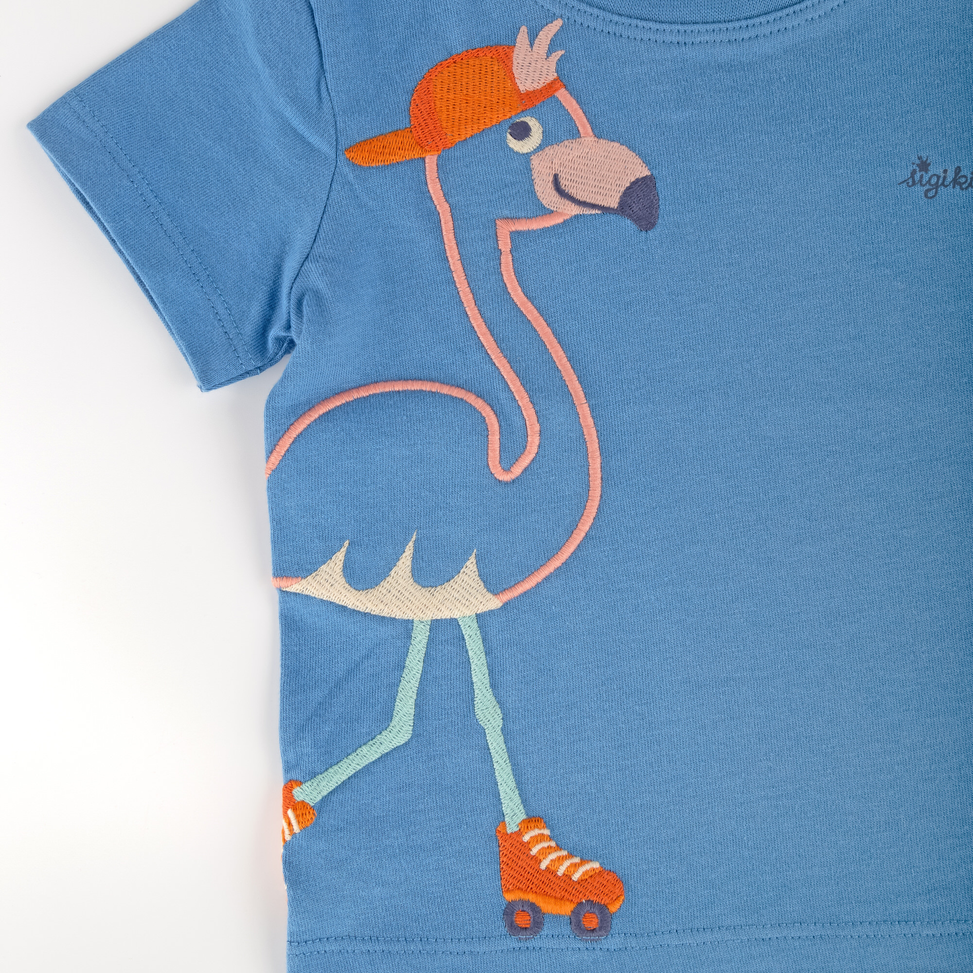 Blaues Baby T-Shirt mit Wild Flamingo Motiv Blaues Baby T-Shirt mit Wild Flamingo Motiv