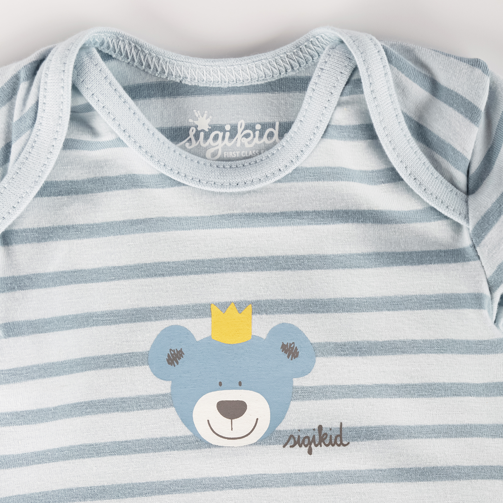 Langarm Babybody Krönchen Bär, blau geringelt Langarm Babybody Krönchen Bär, blau geringelt