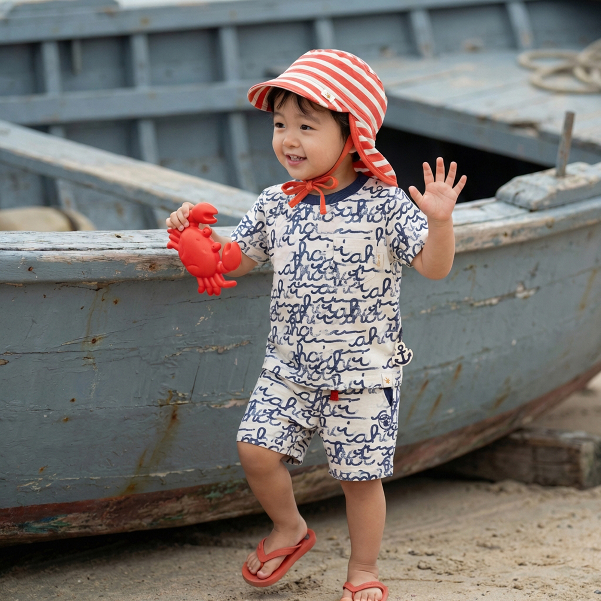 Baby T-Shirt mit "Ahoi" Print, weiß mit blau