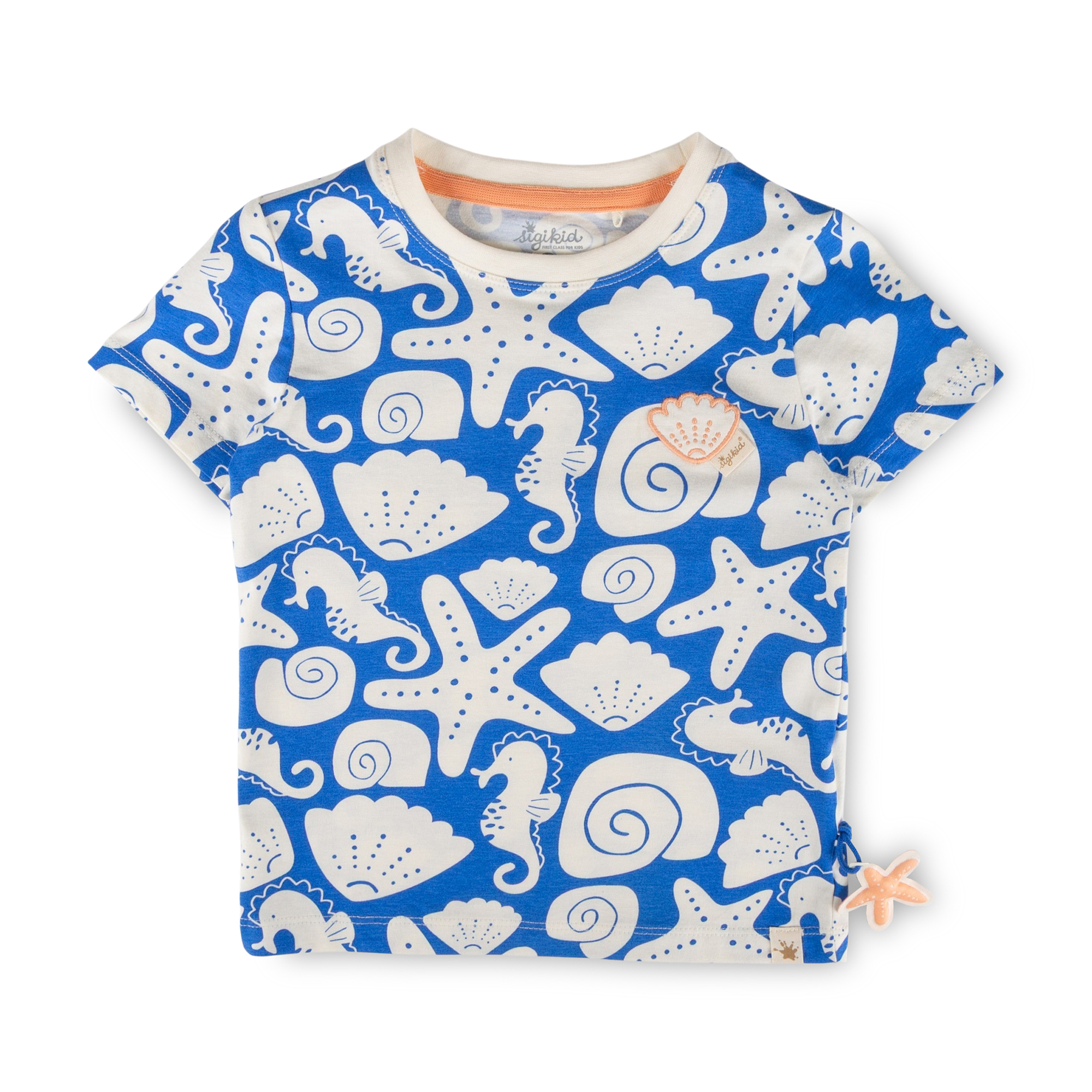 Kinder T-Shirt Strand Print, blau mit weiß