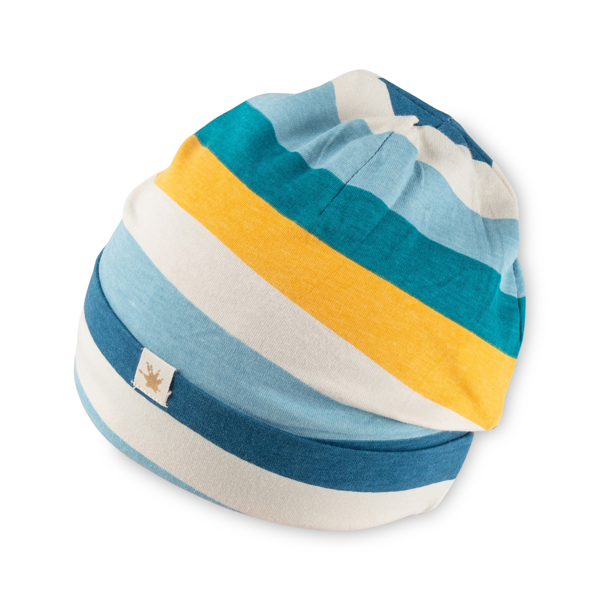Kinder Beanie, grün-blau-gelb-weiß gestreift