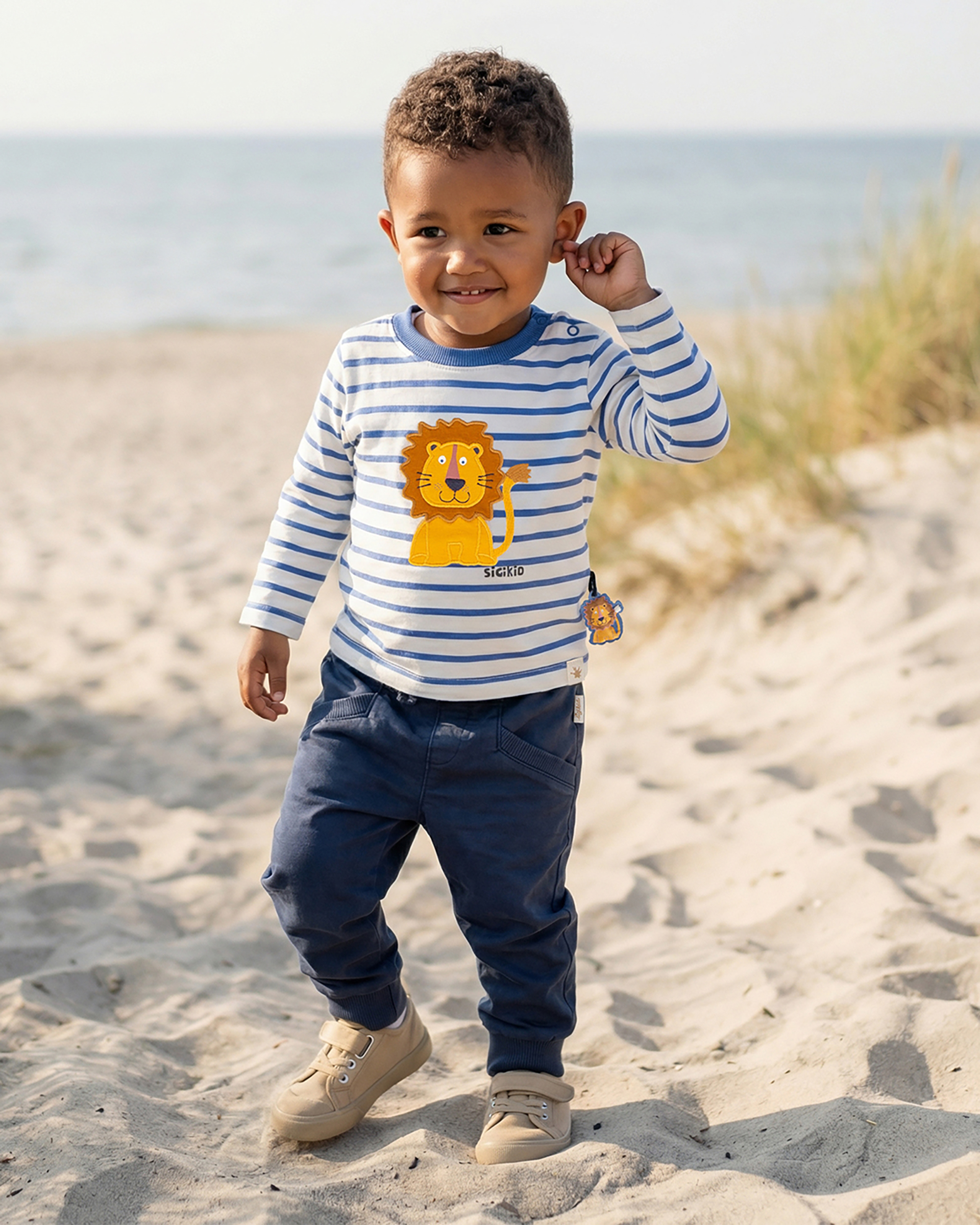 Baby Ringel Langarmshirt Tiger & Löwe, blau/weiß