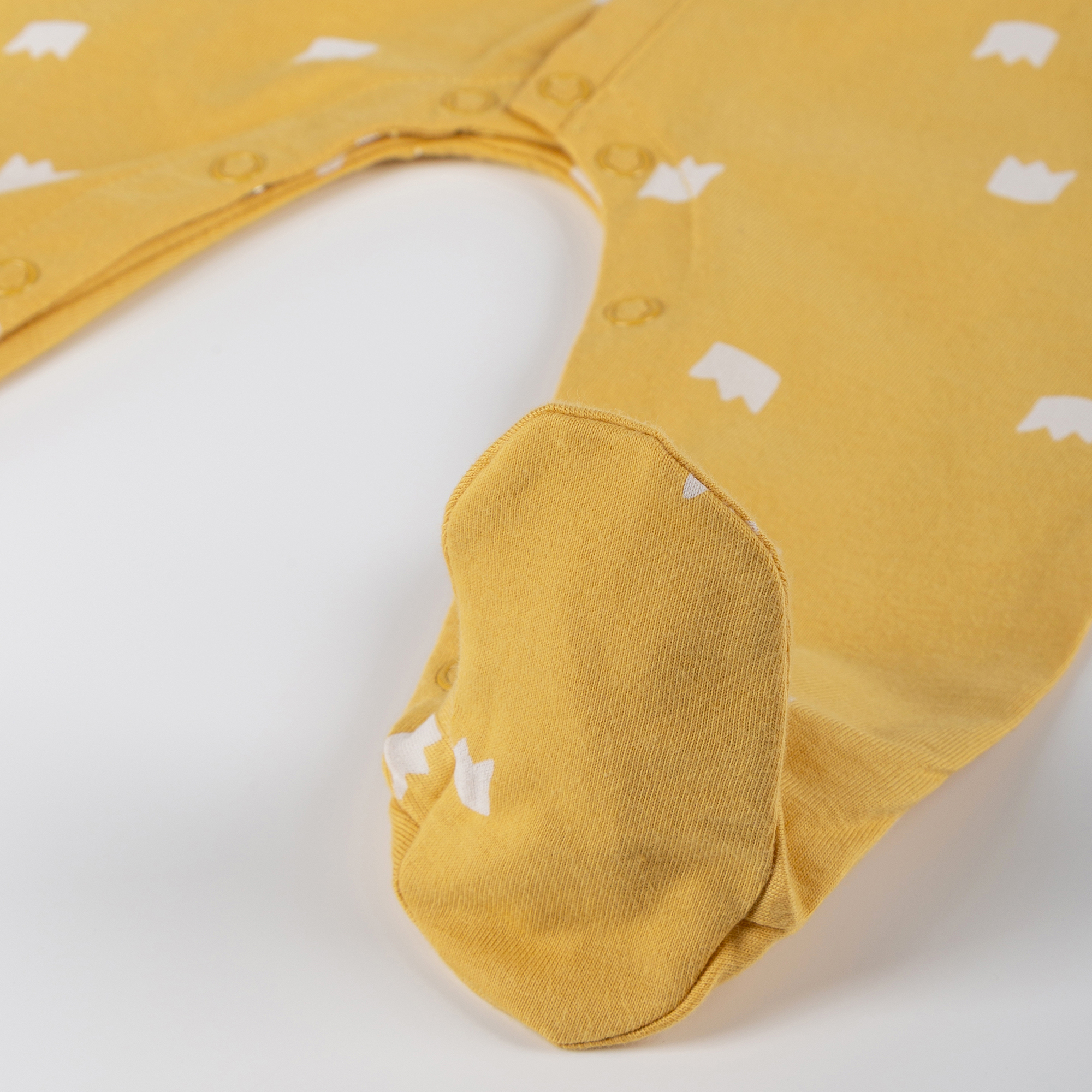 Newborn baby footed romper, foldover mittens, yellow
