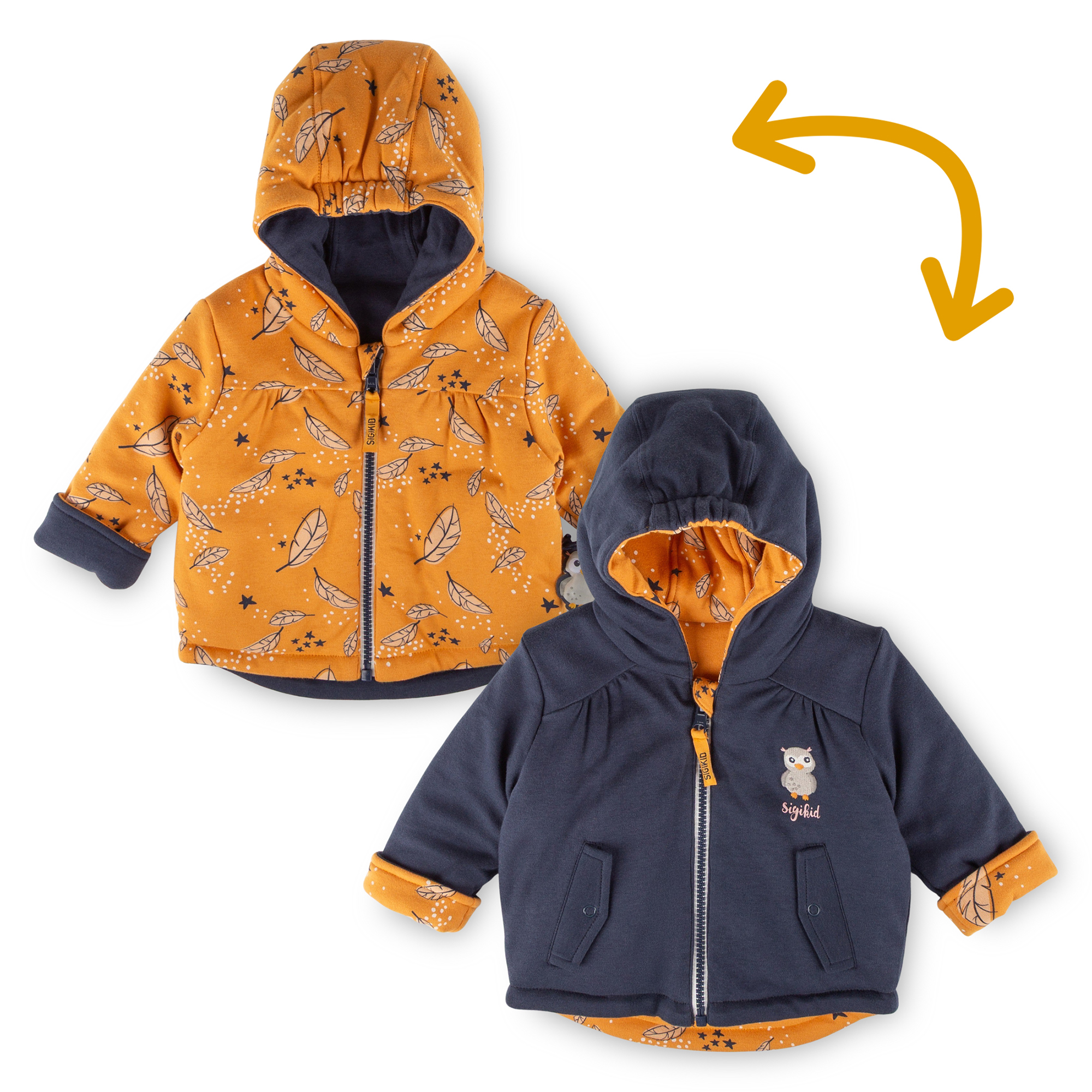 Baby Wendejacke wattiert Magic Owl, dunkelblau oder gelb Baby Wendejacke wattiert Magic Owl, dunkelblau oder gelb