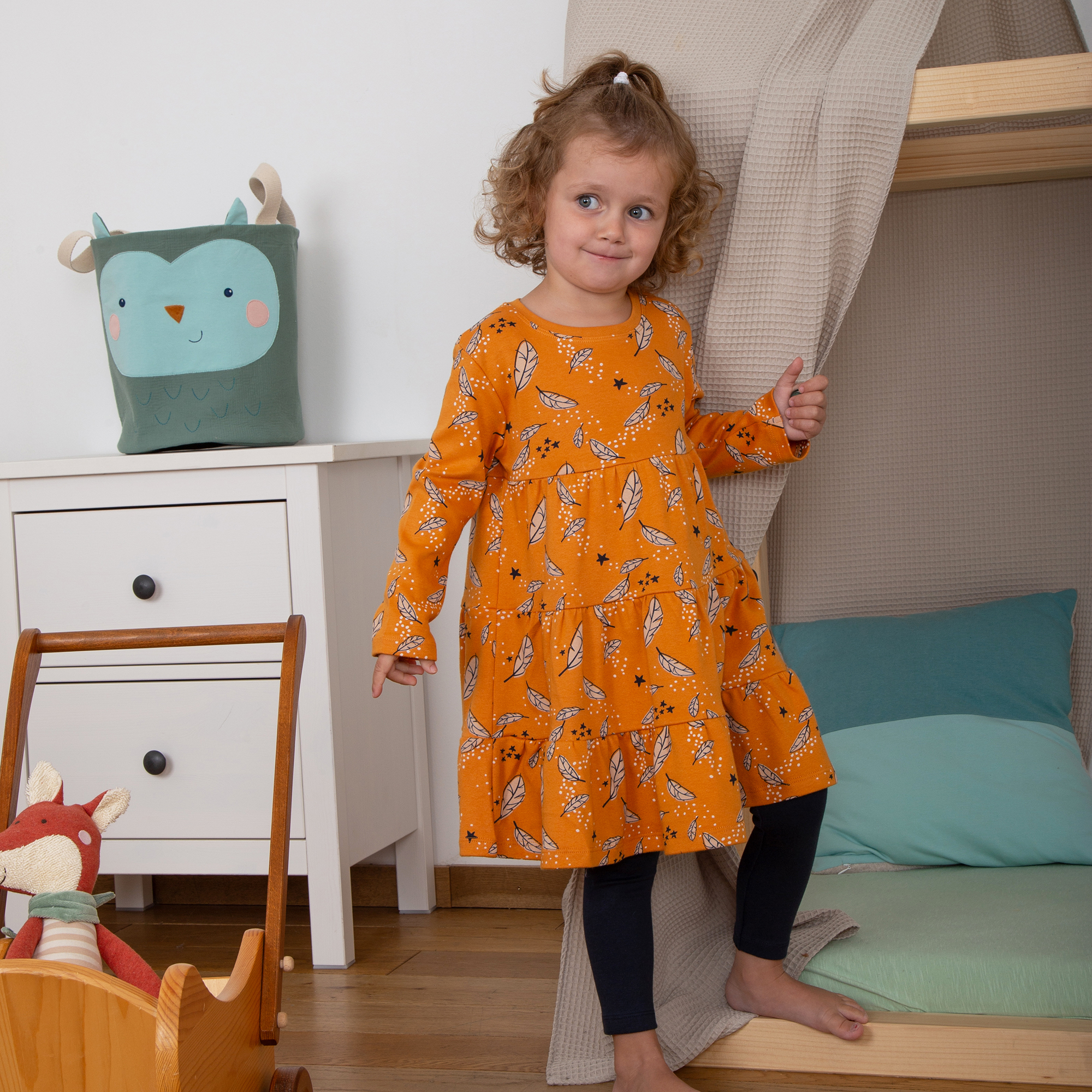 Kinder Kleid Magic Owl, gelb mit Federprint