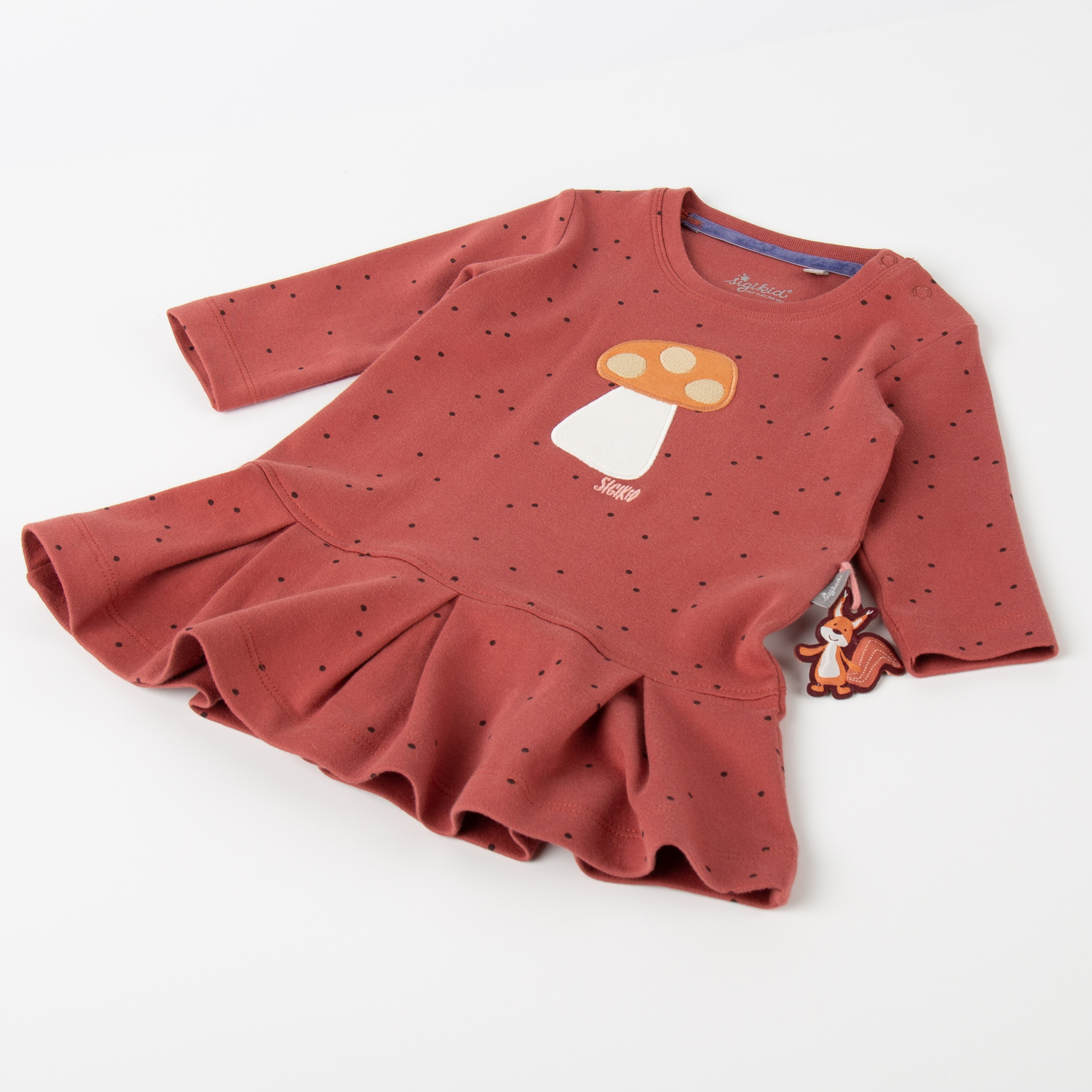 Baby Kleid rotbraun mit Pünktchen und Herbst Motiv Baby Kleid rotbraun mit Pünktchen und Herbst Motiv