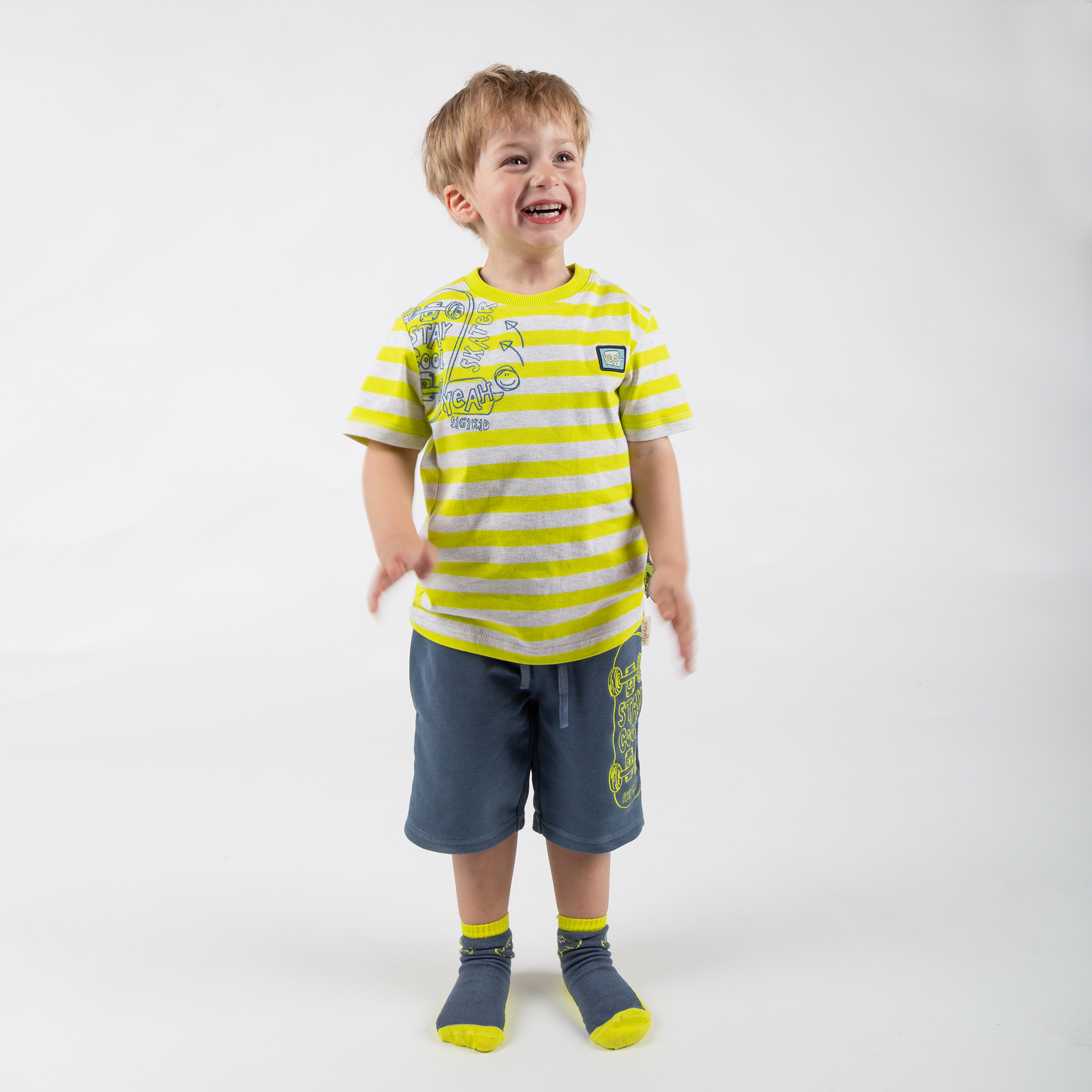 Kinder T-Shirt Sporty Dino, gelb-weiß gestreift Kinder T-Shirt Sporty Dino, gelb-weiß gestreift