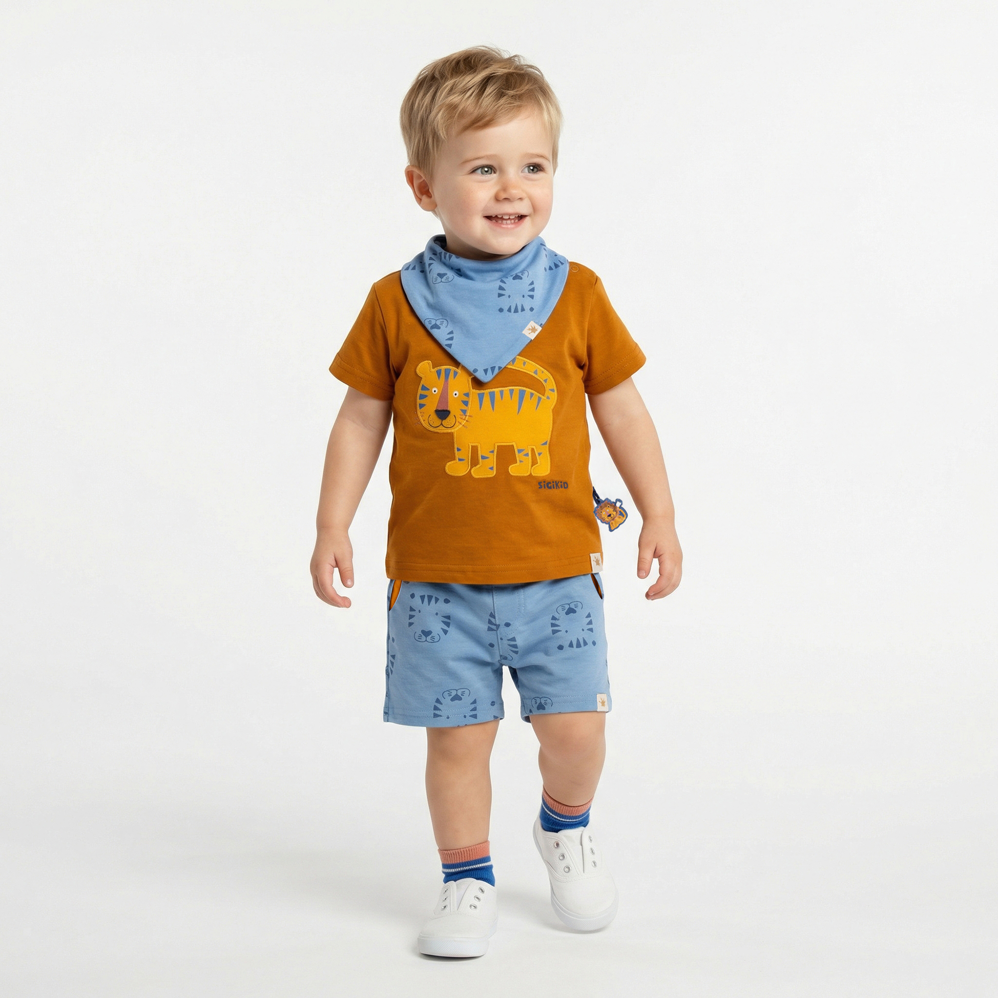 Baby Wendehalstuch Tiger & Löwe, blau