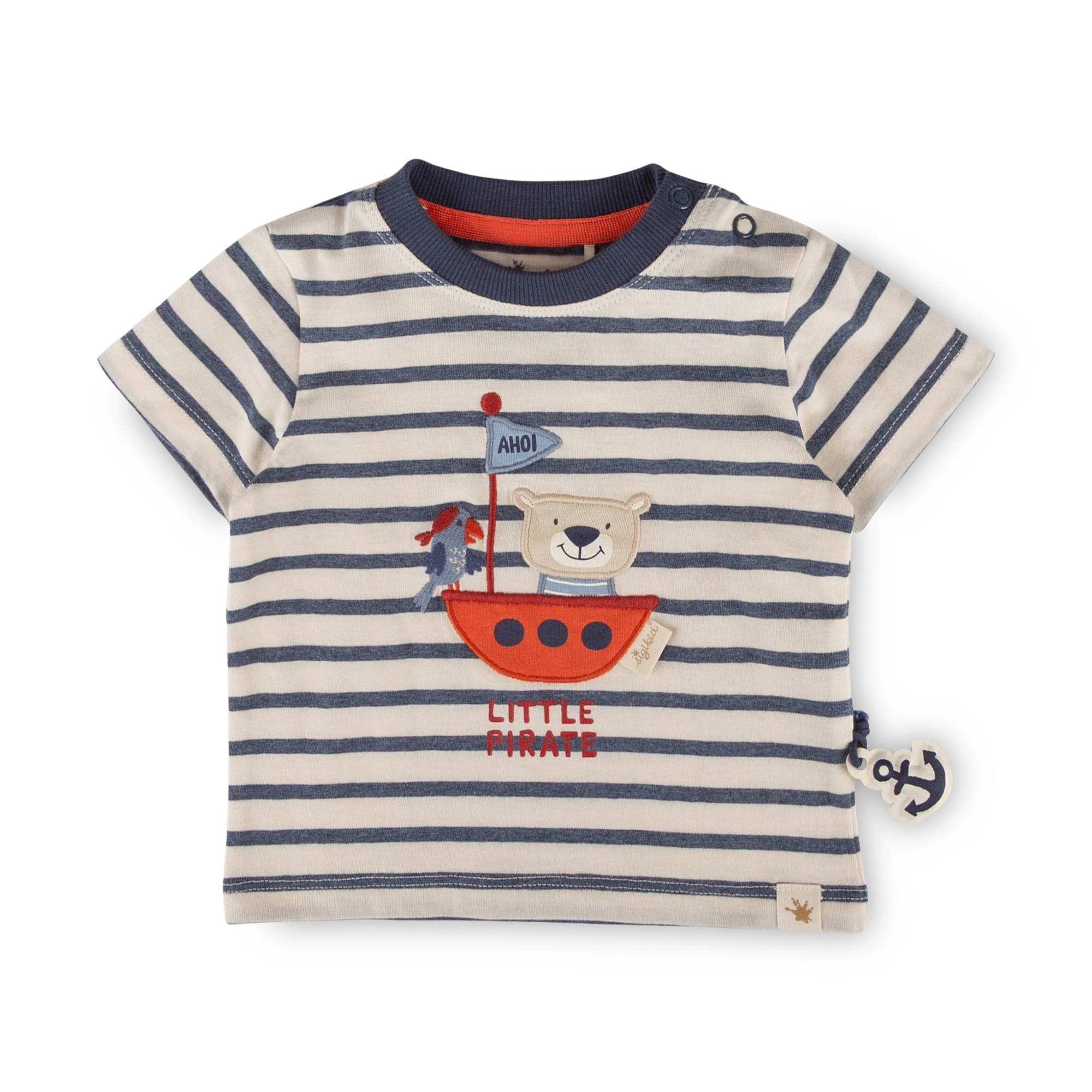 Baby Ringel T-Shirt Bär im Segelboot, blau-weiß