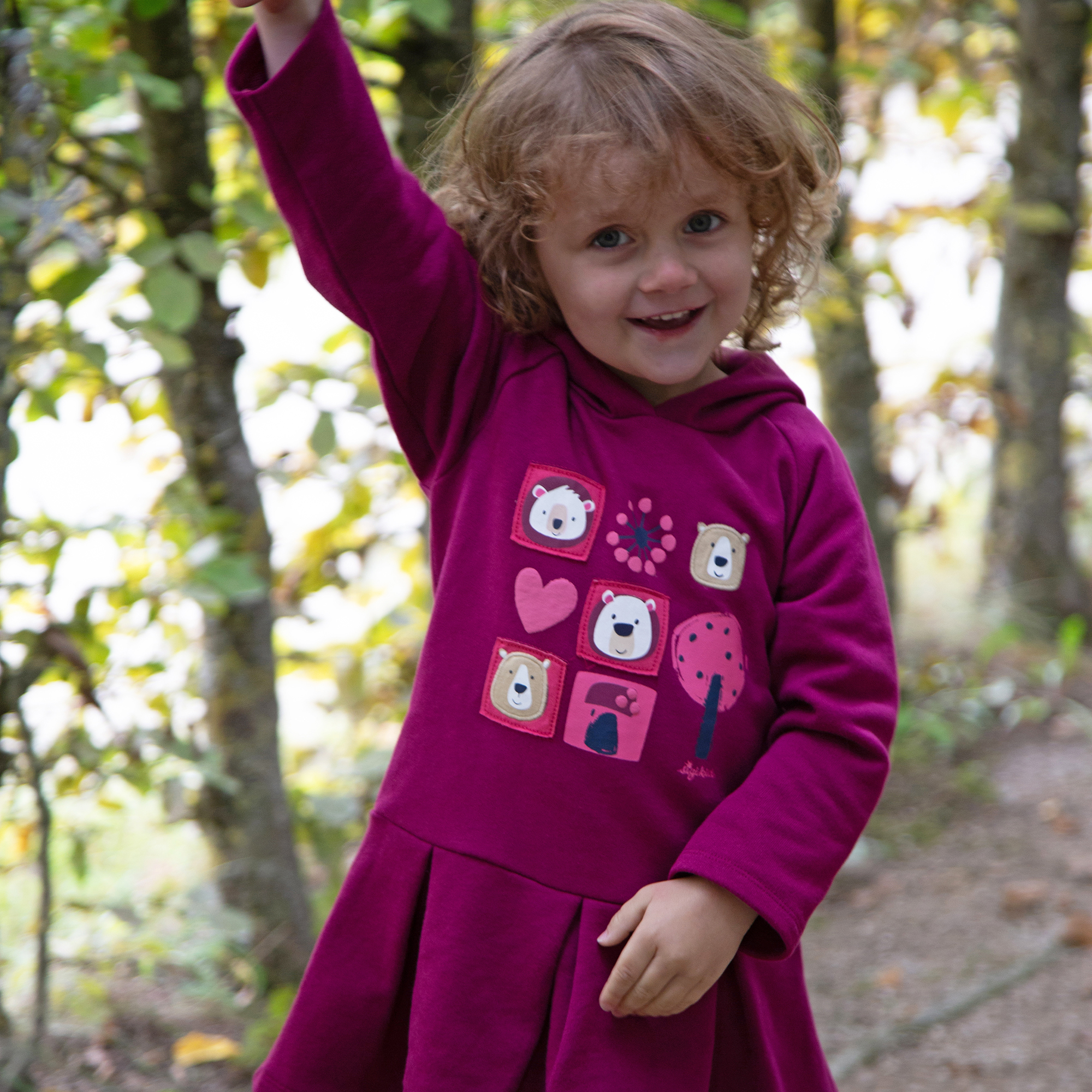 Kinder Kapuzen Sweatkleid Bär Fancy Forest, dunkelpink Kinder Kapuzen Sweatkleid Bär Fancy Forest, dunkelpink