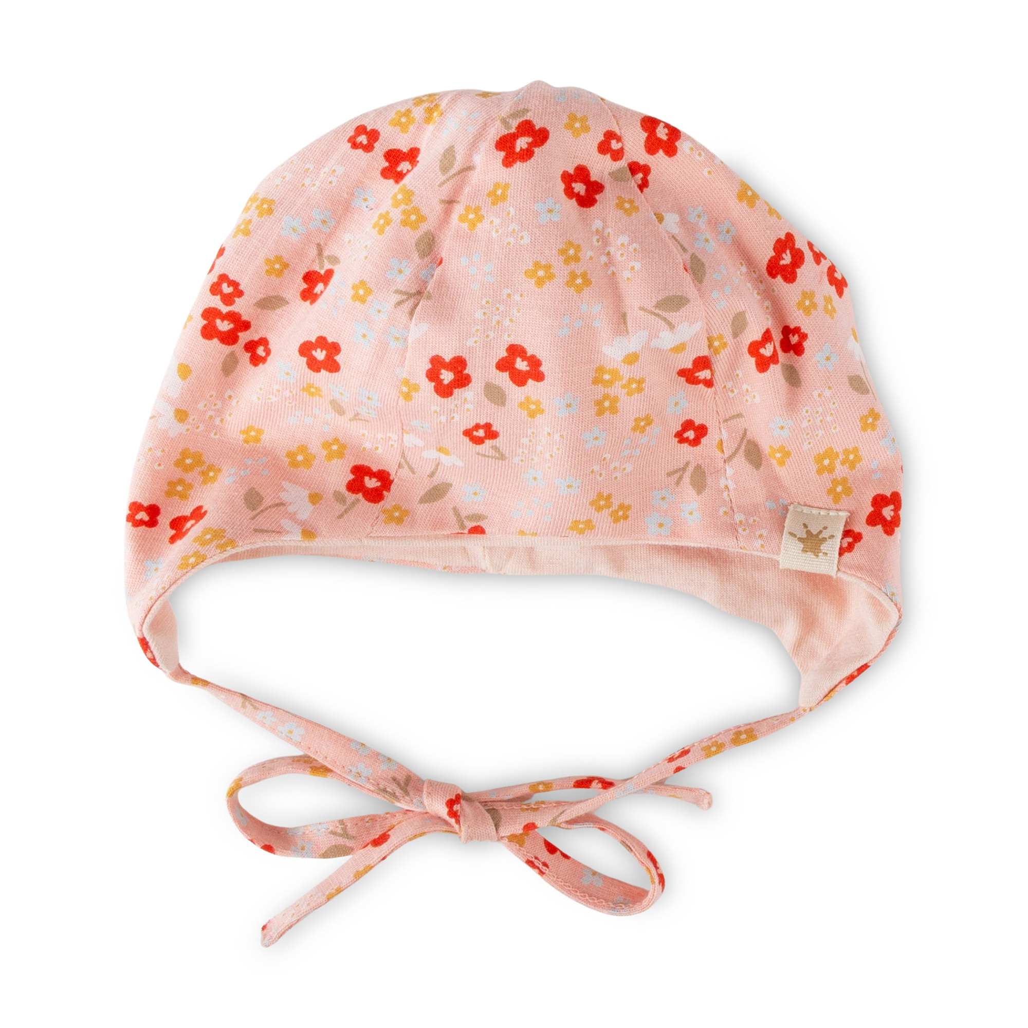 Flowery newborn baby hat with ties, lined