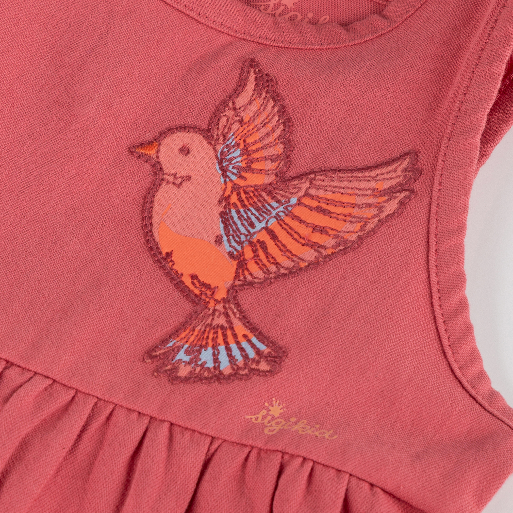 Ärmelloses Kinder Volant Kleid mit Vogel Motiv, rosarot