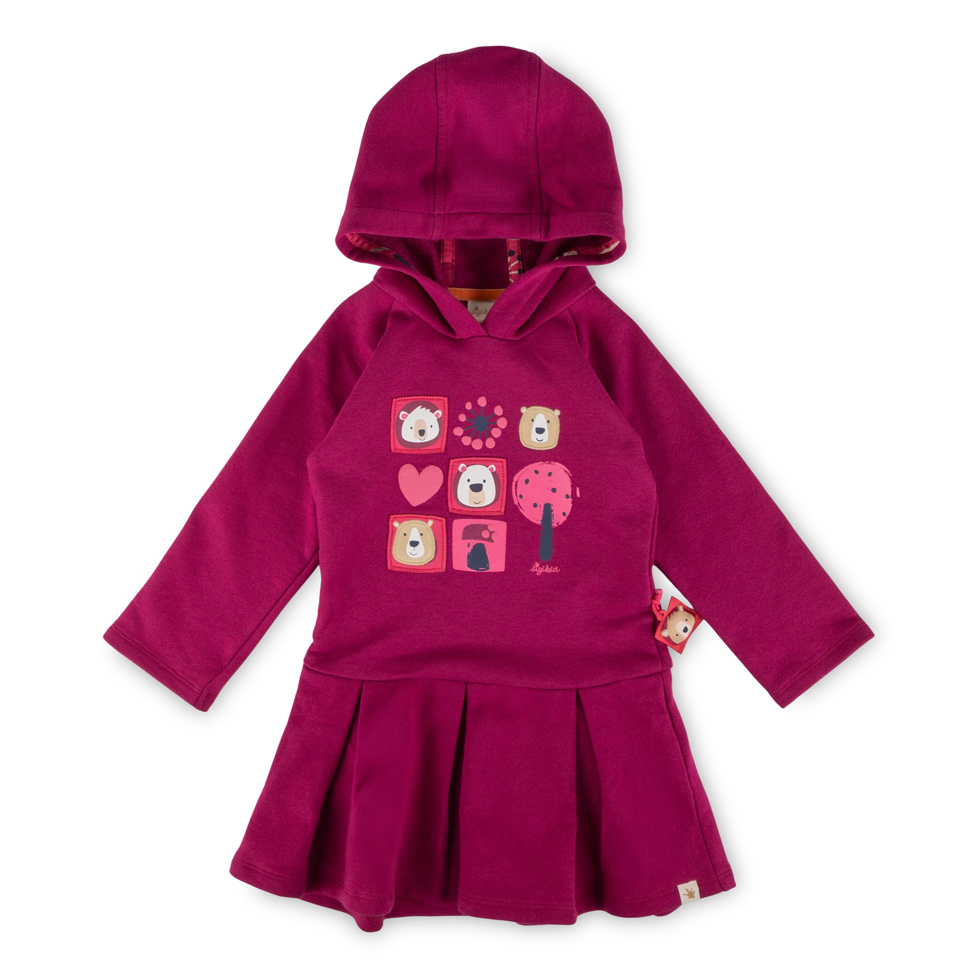 Kinder Kapuzen Sweatkleid Bär Fancy Forest, dunkelpink
