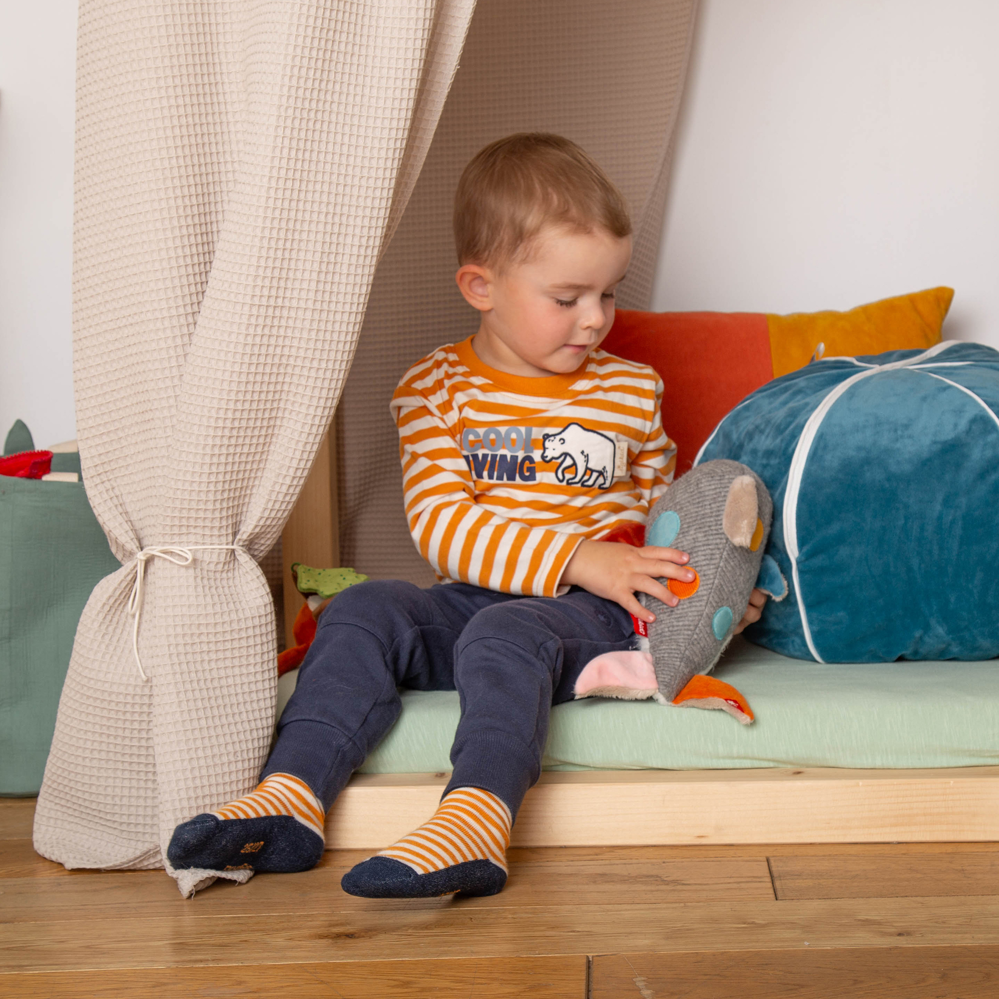 Kinder Langarmshirt Eisbär Polar Friends, gelb/weiß geringelt