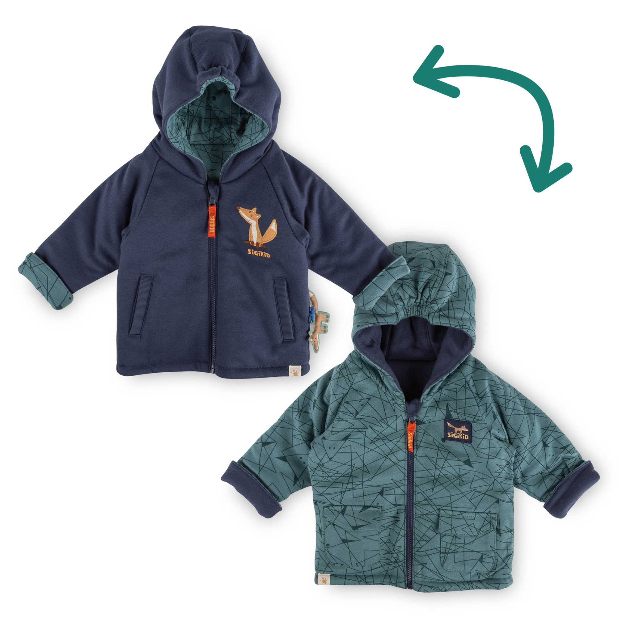 Reversible hooded baby jacket Wild Fox, interlined