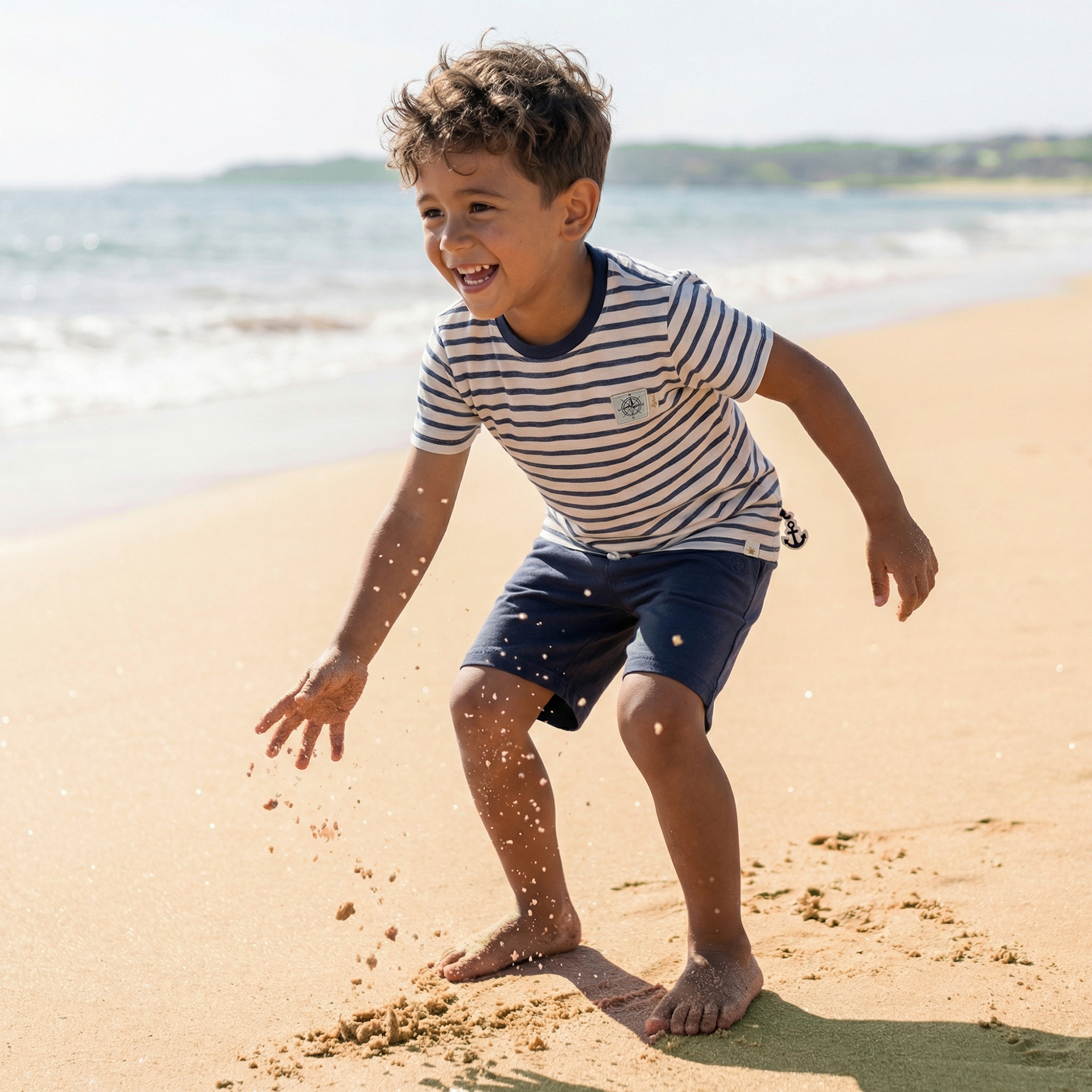 Kinder Ringel T-Shirt mit Kompass Patch, blau-weiß