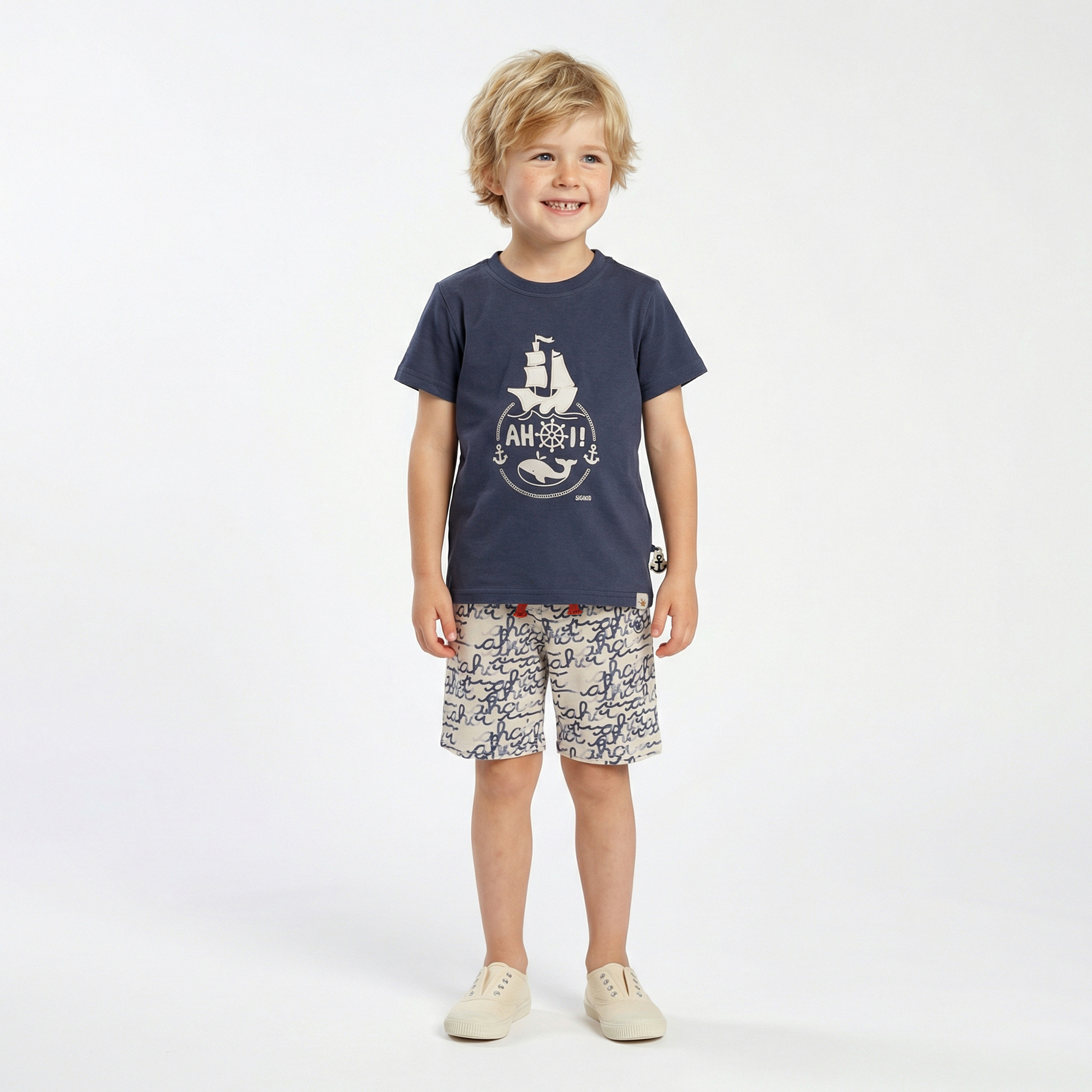 Kinder Bermuda "Ahoi" Print, weiß mit blau