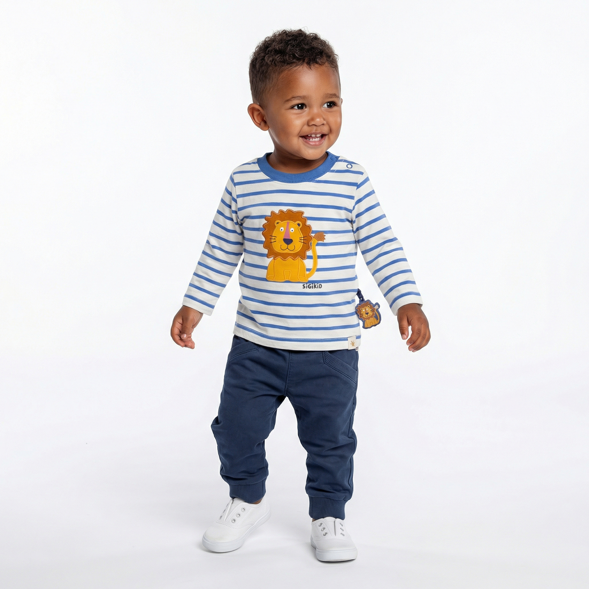 Baby Ringel Langarmshirt Tiger & Löwe, blau/weiß