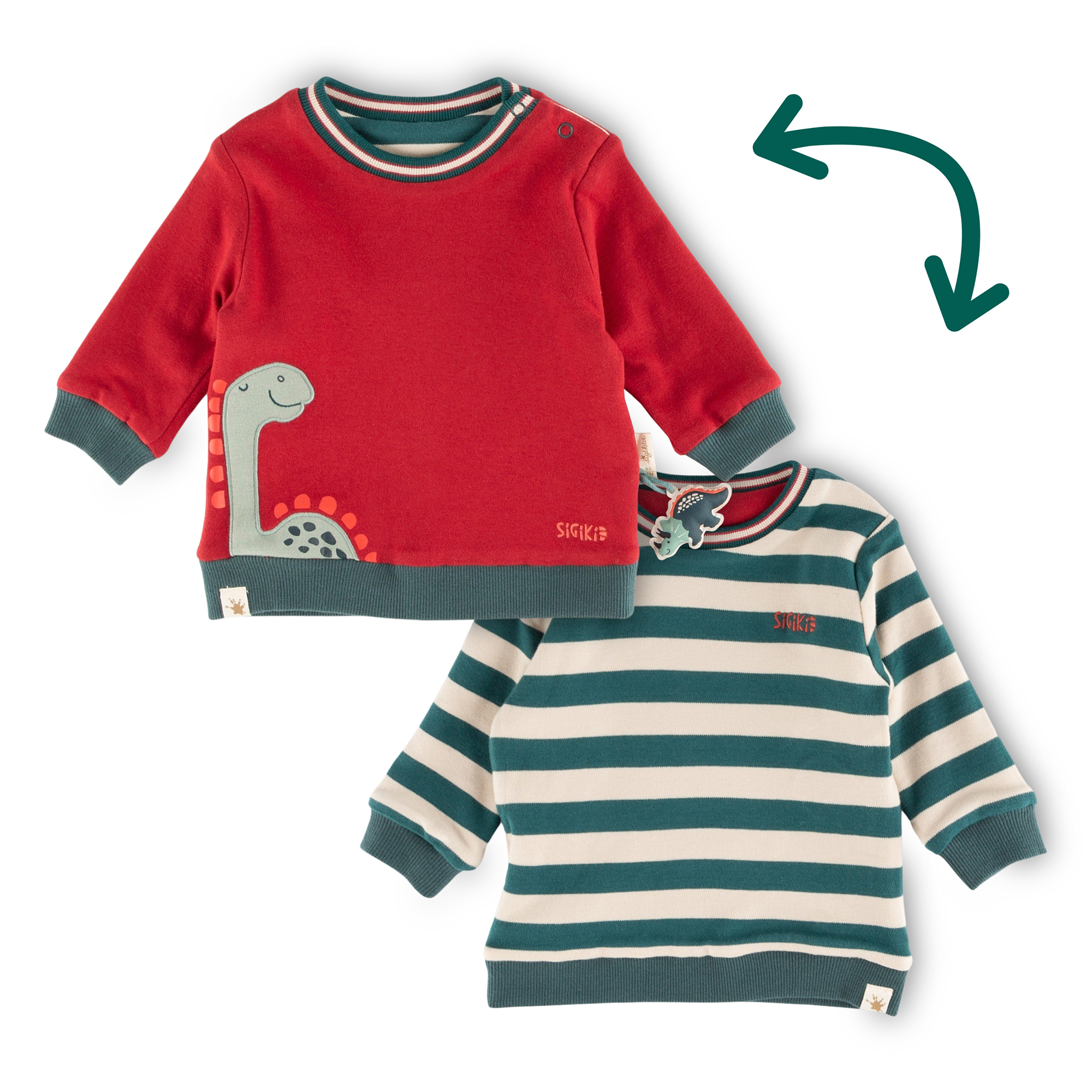 Baby Wendeshirt Dino, rot oder grün-weiß gestreift