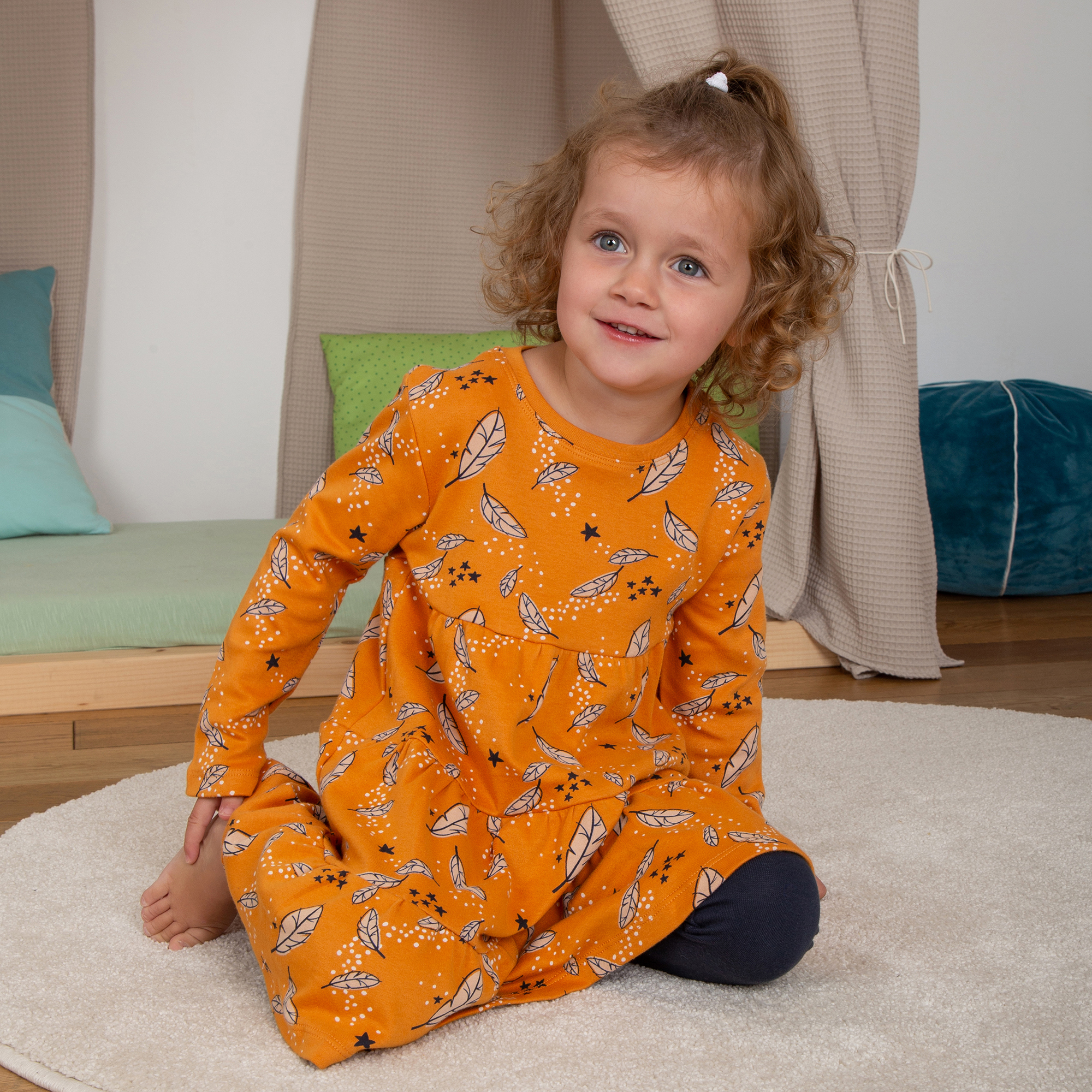 Kinder Kleid Magic Owl, gelb mit Federprint