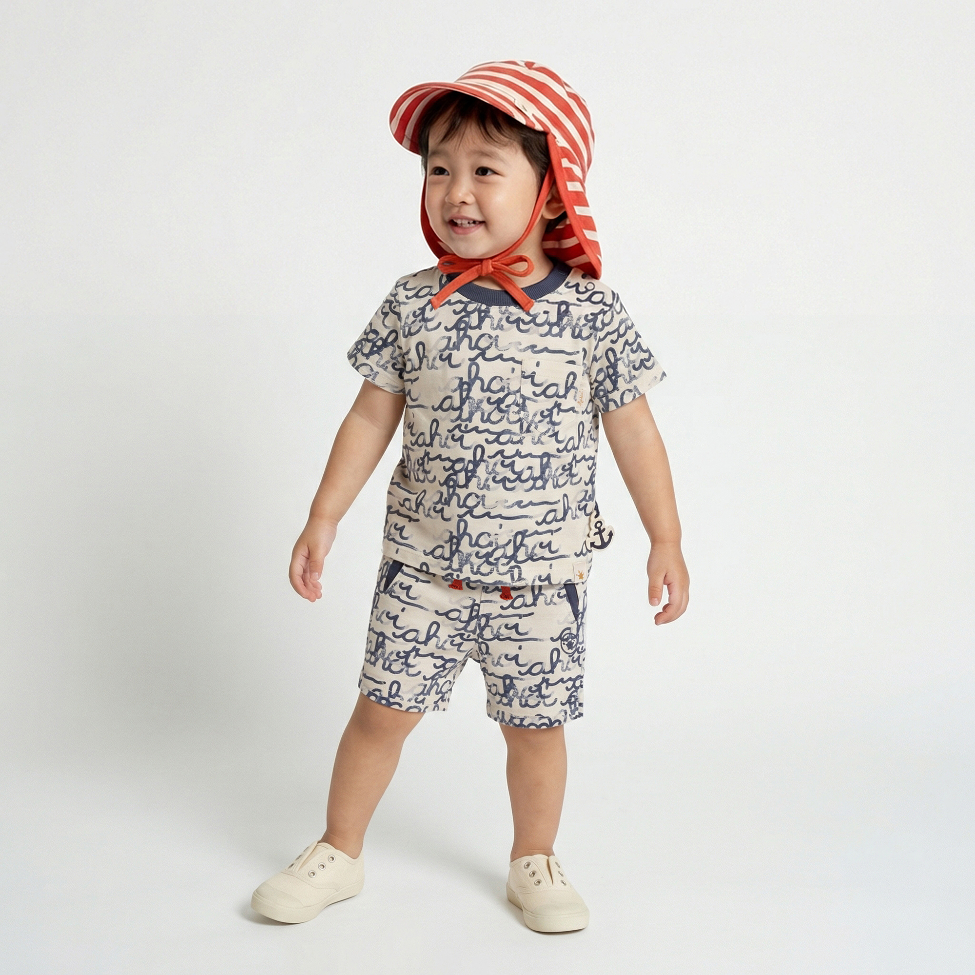 Baby T-Shirt mit "Ahoi" Print, weiß mit blau