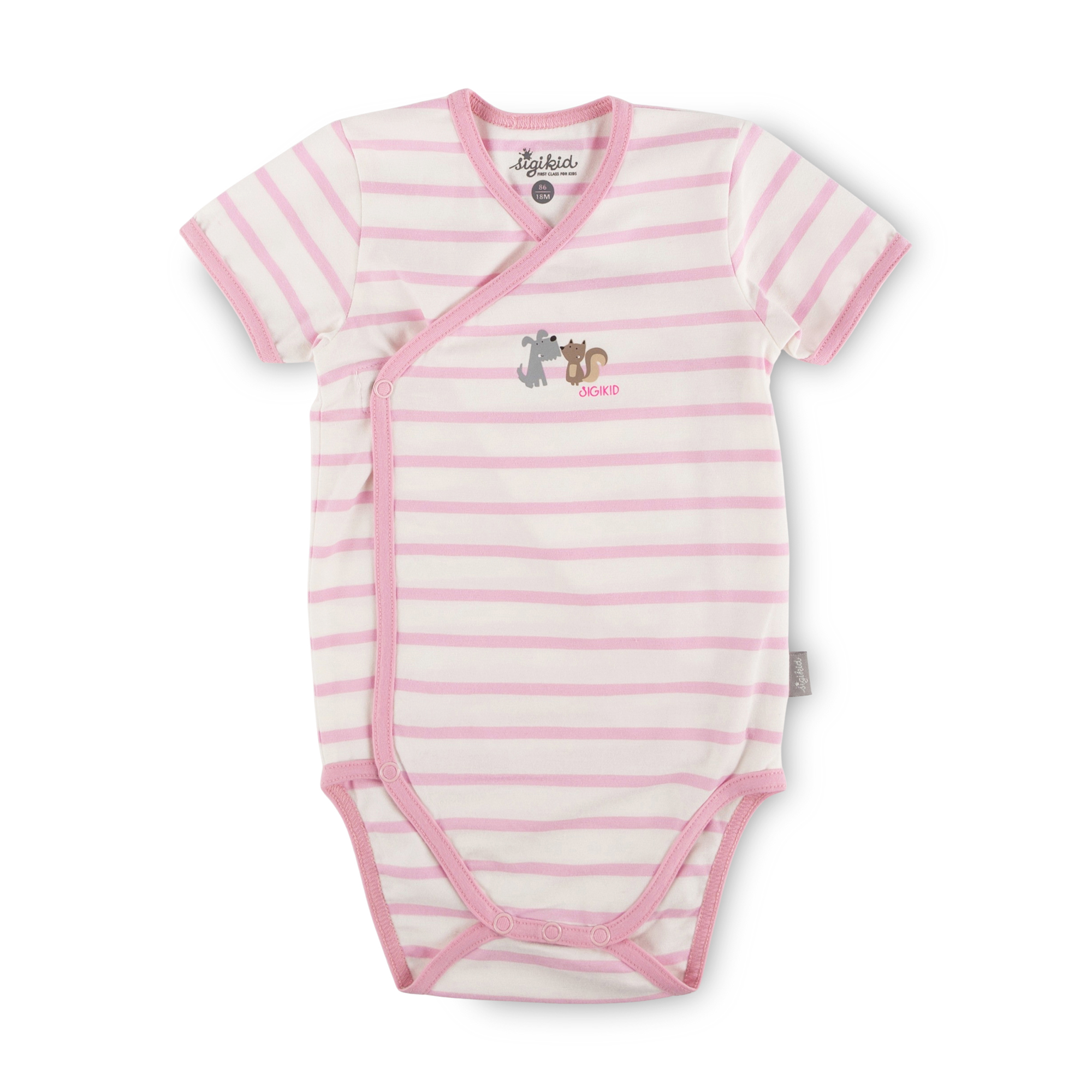 Kurzarm Baby Body Hund und Eichhörnchen, rosa geringelt Kurzarm Baby Body Hund und Eichhörnchen, rosa geringelt