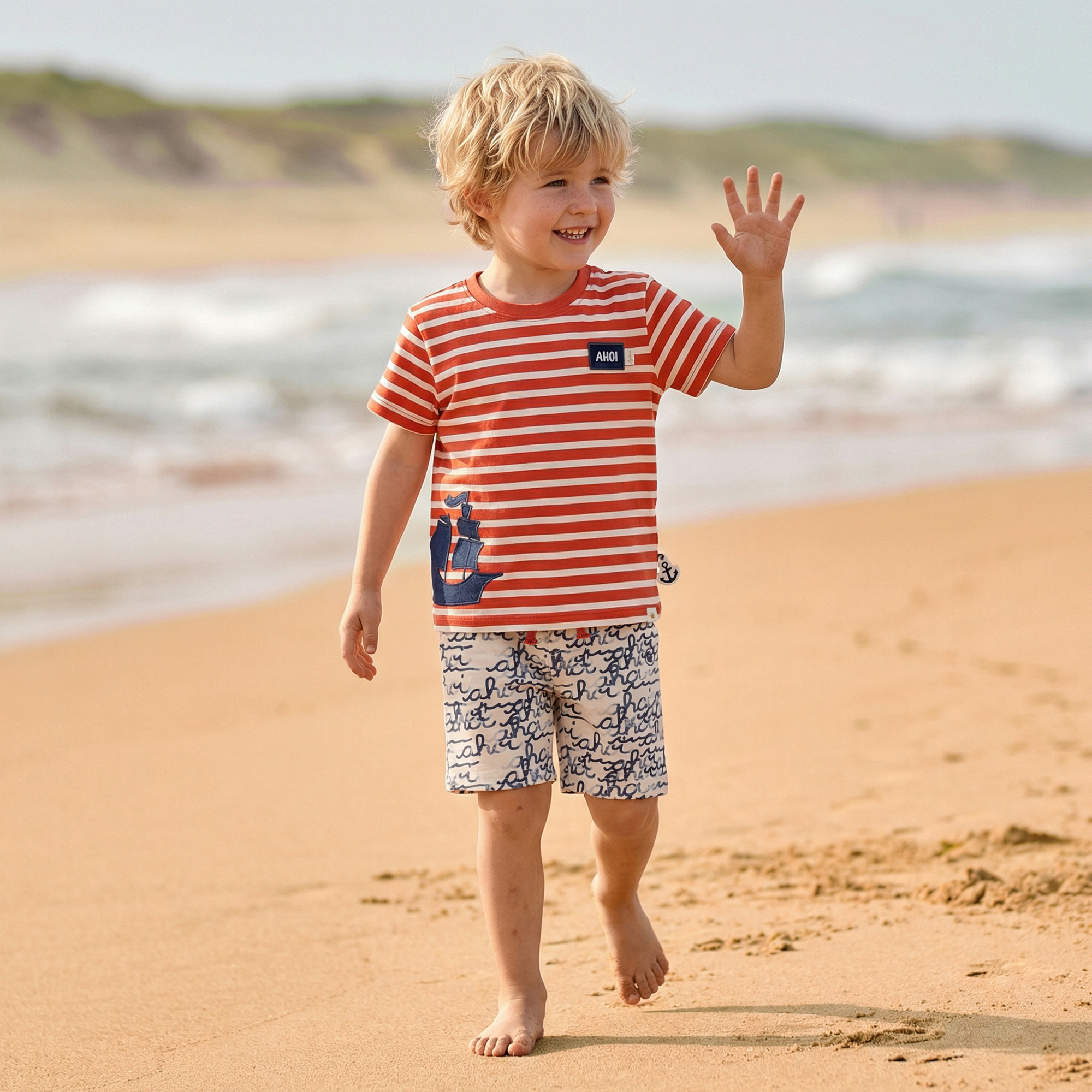 Kinder Bermuda "Ahoi" Print, weiß mit blau