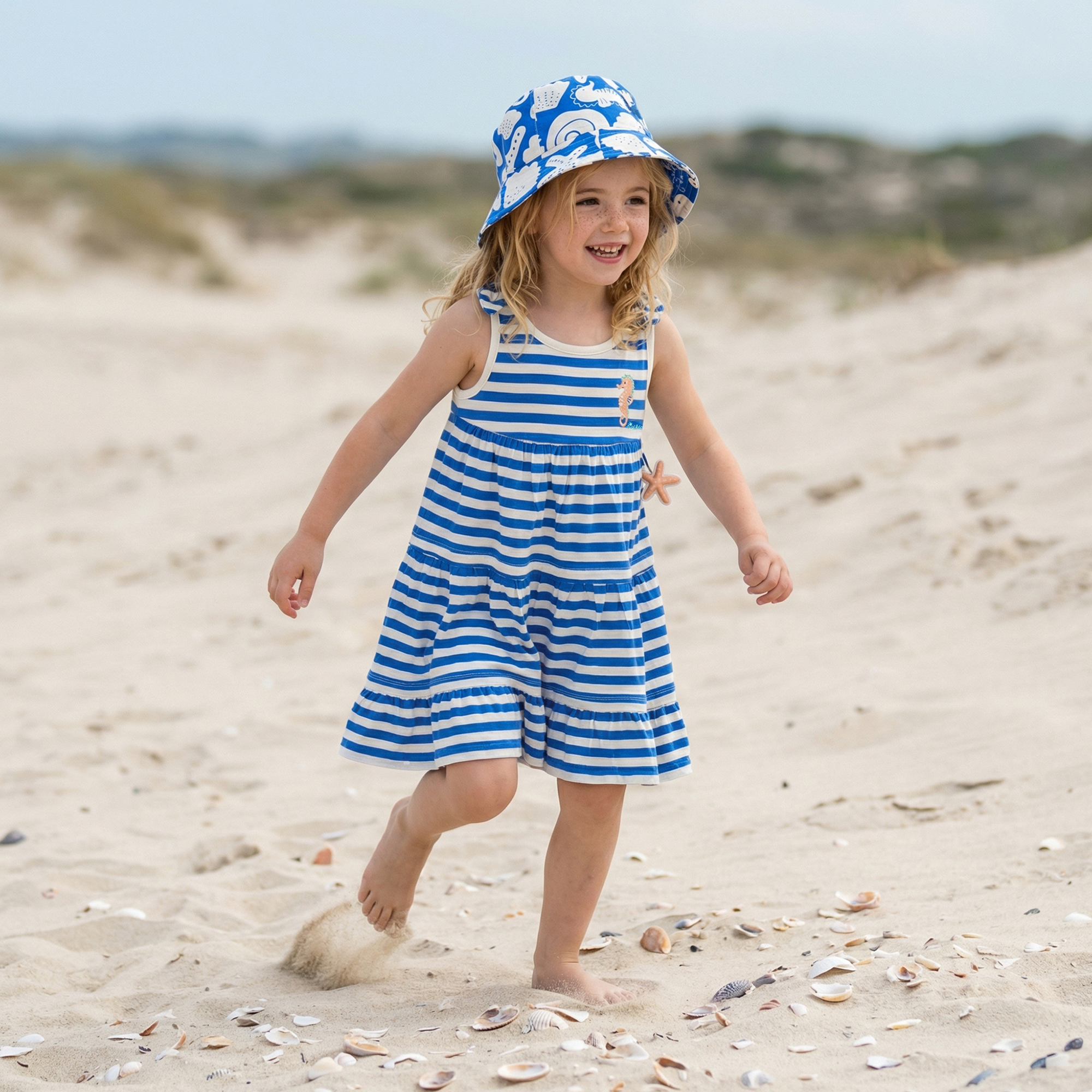 Kinder Ringel Kleid Seepferdchen,blau-weiß