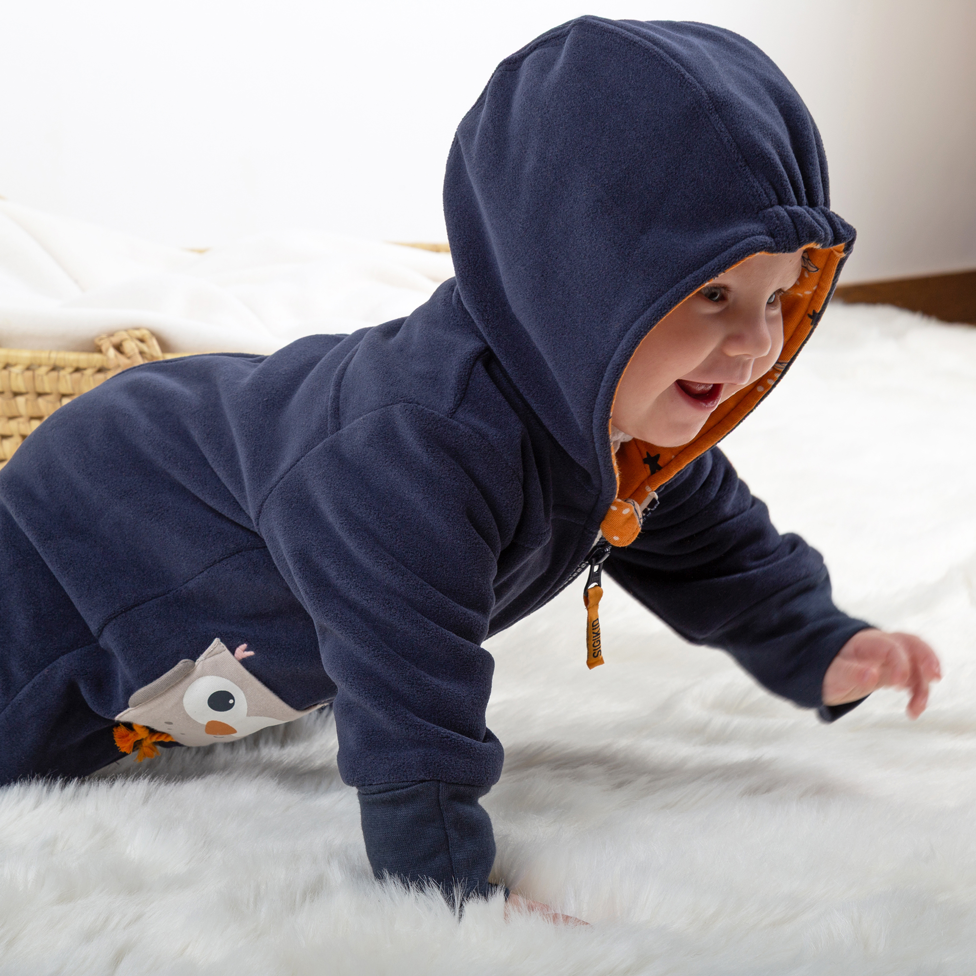 Baby fleece overall Owl, lined, foldable cuffs