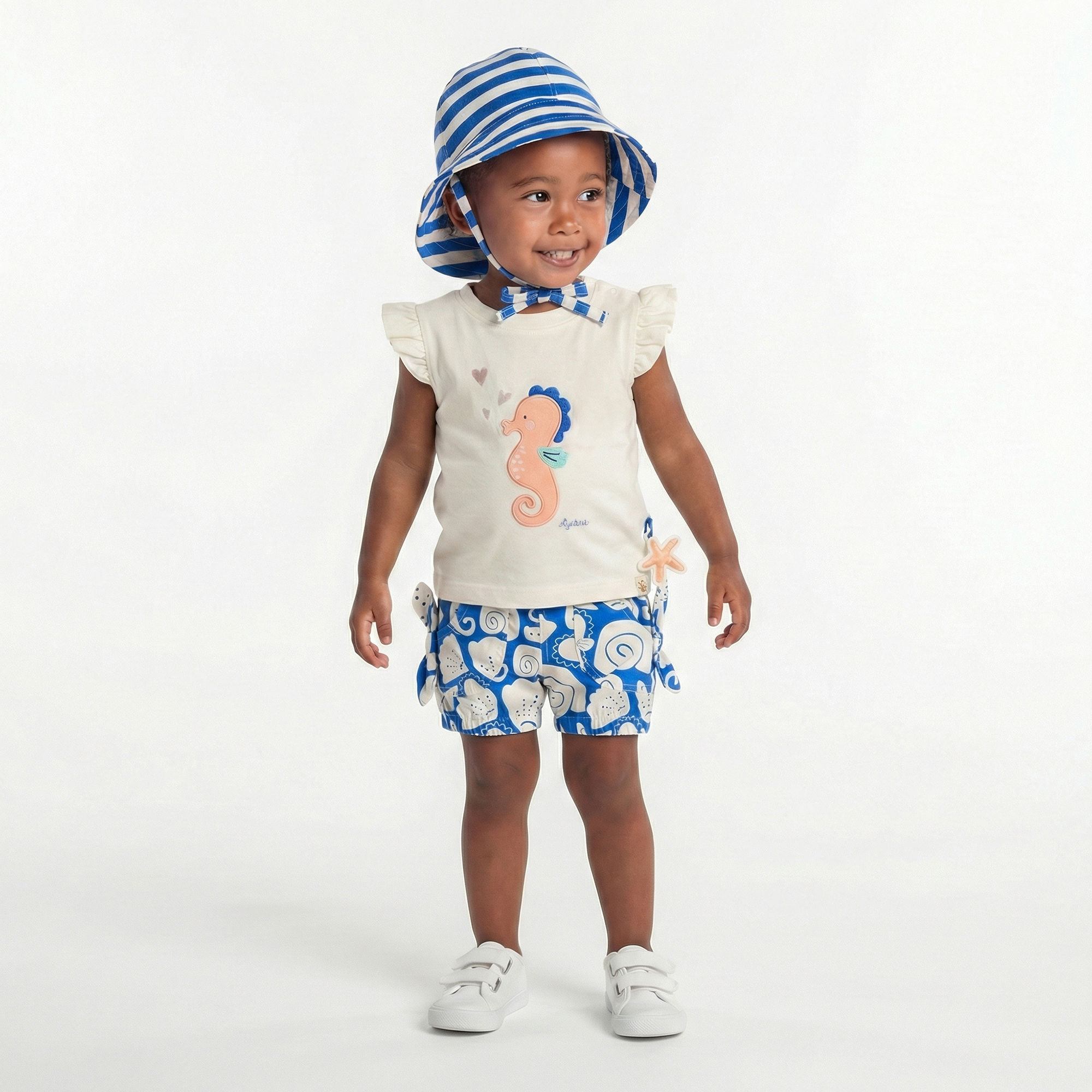 Baby Shorts Strand Print, blau mit weiß