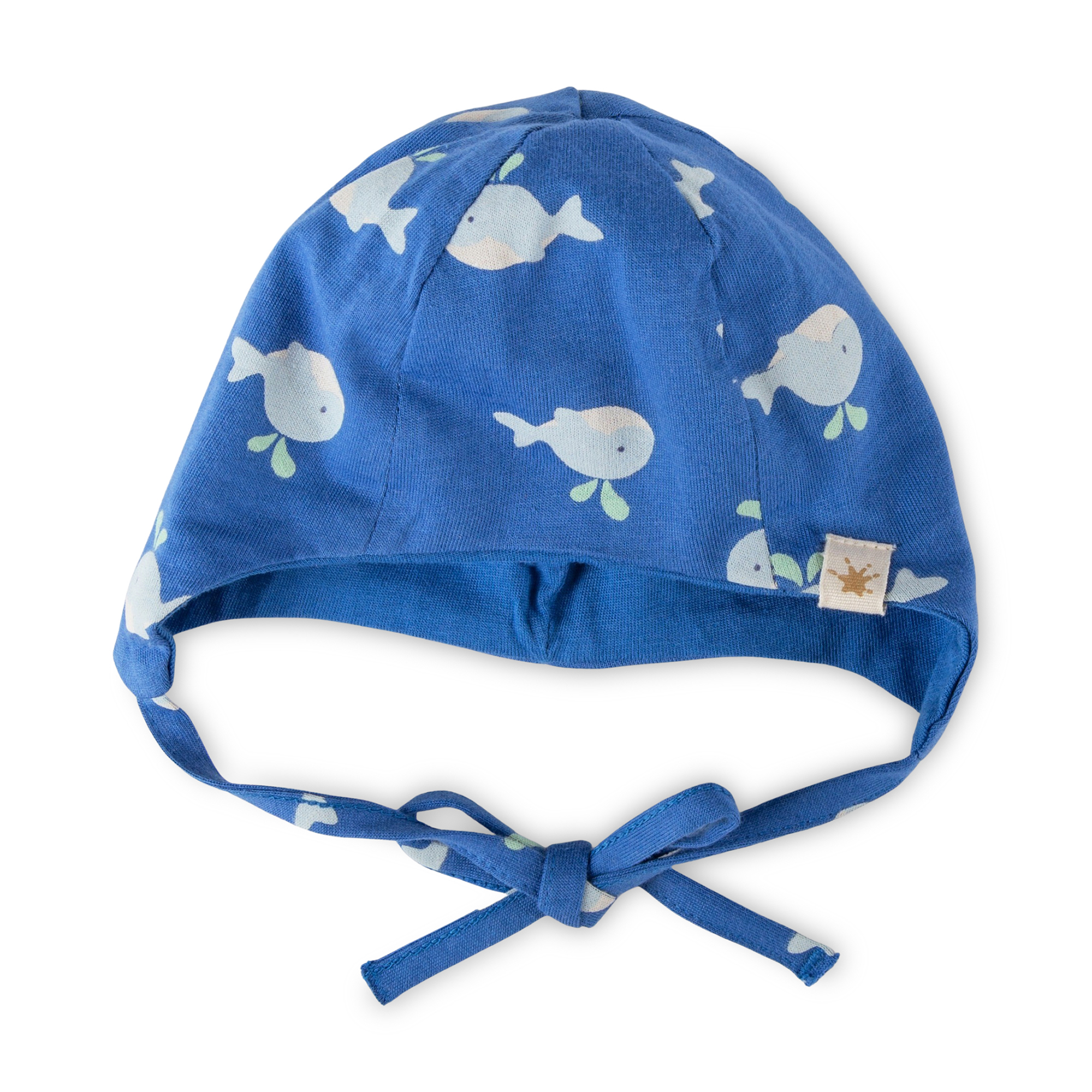 Newborn baby hat with ties, whale print, lined