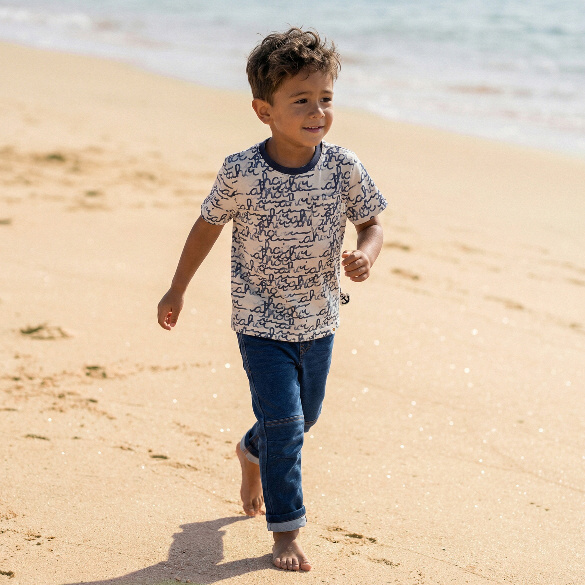 Kinder T-Shirt "Ahoi" Print, weiß mit blau