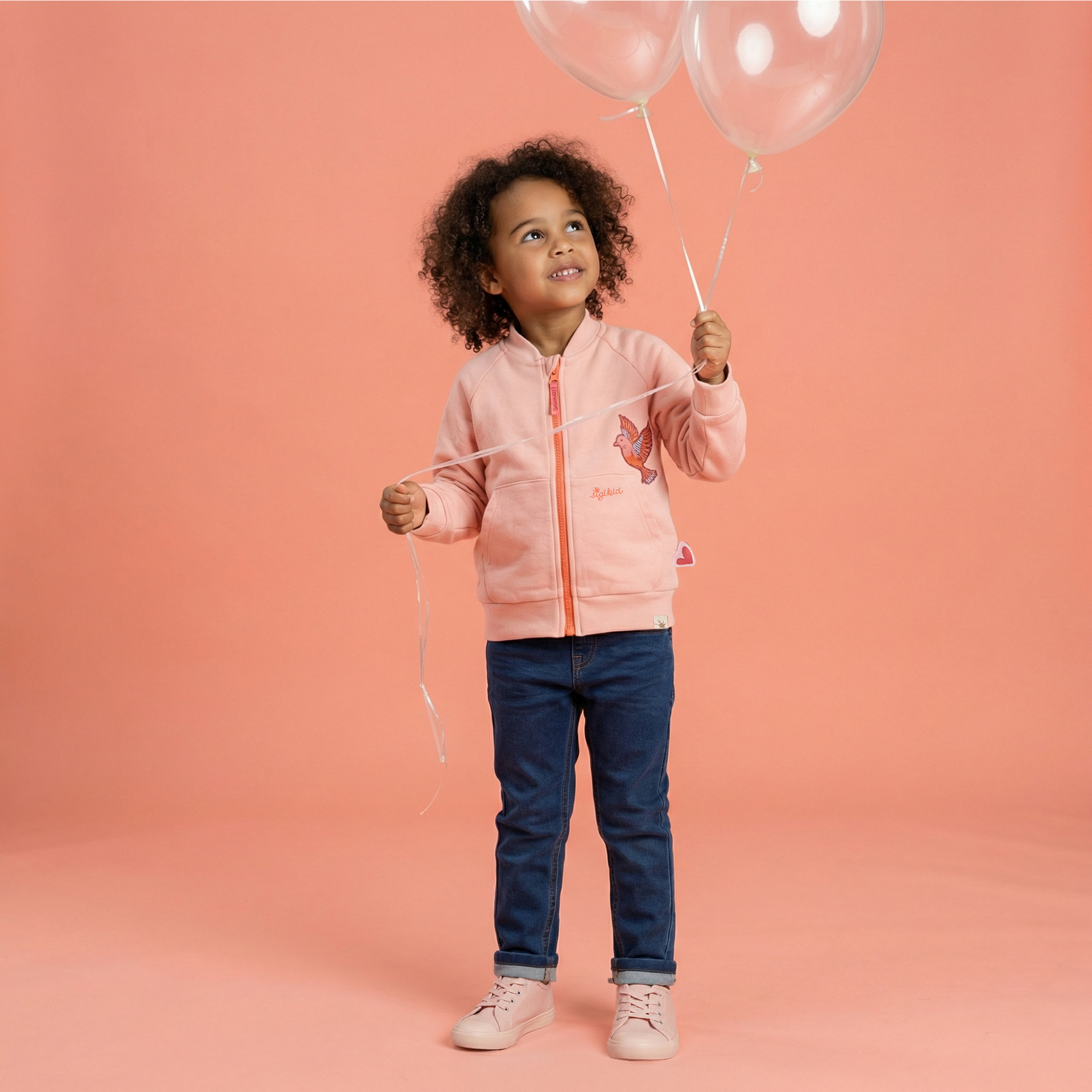 Kinder Sweatjacke mit Vogel Motiv und Kängurutasche, rosa