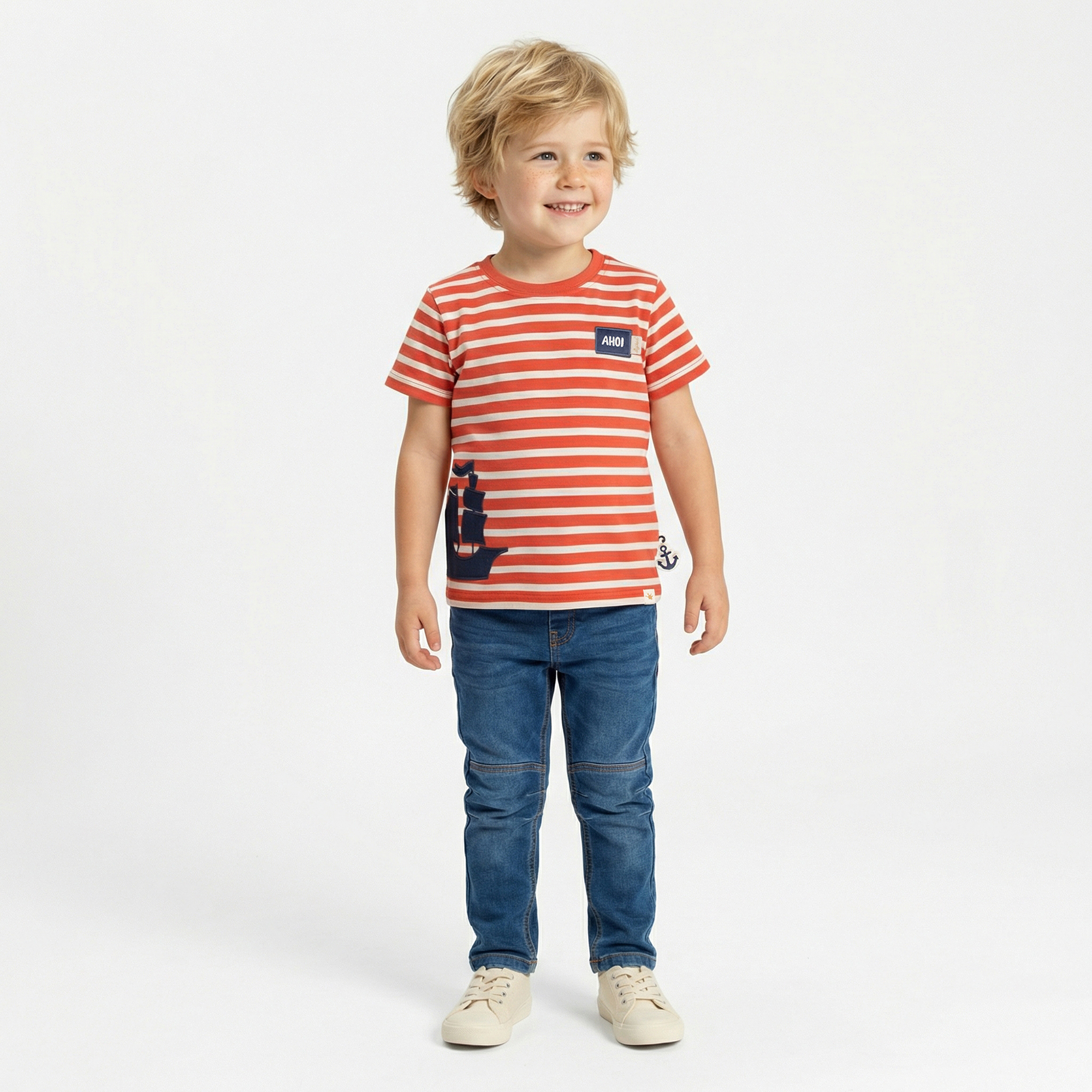 Kinder Ringel T-Shirt Segelschiff, rot-weiß