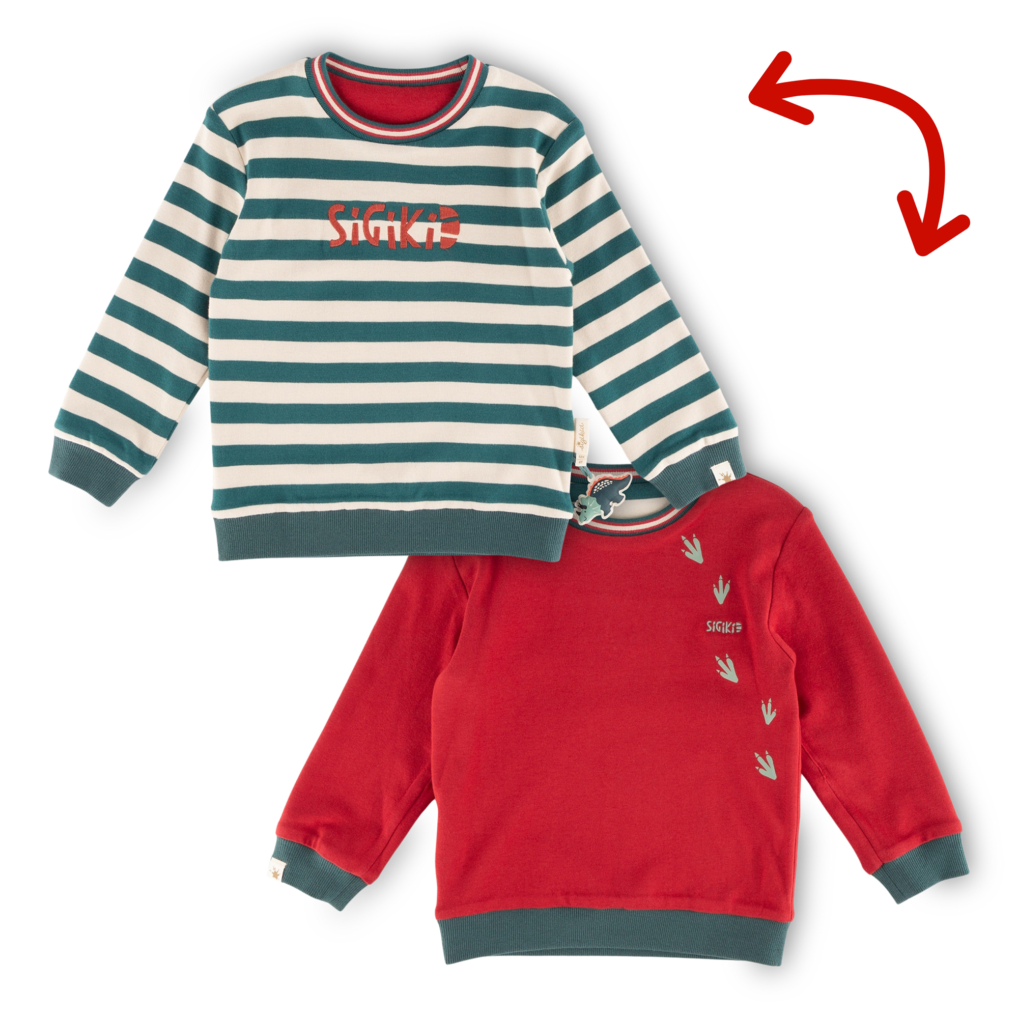 Kinder Wendeshirt Dino, dunkelrot oder grün gestreift